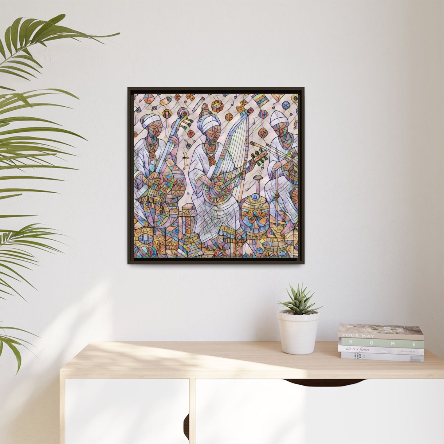 Framed Matte Canvas Print — Colorful African Musicians Stained-Glass Art