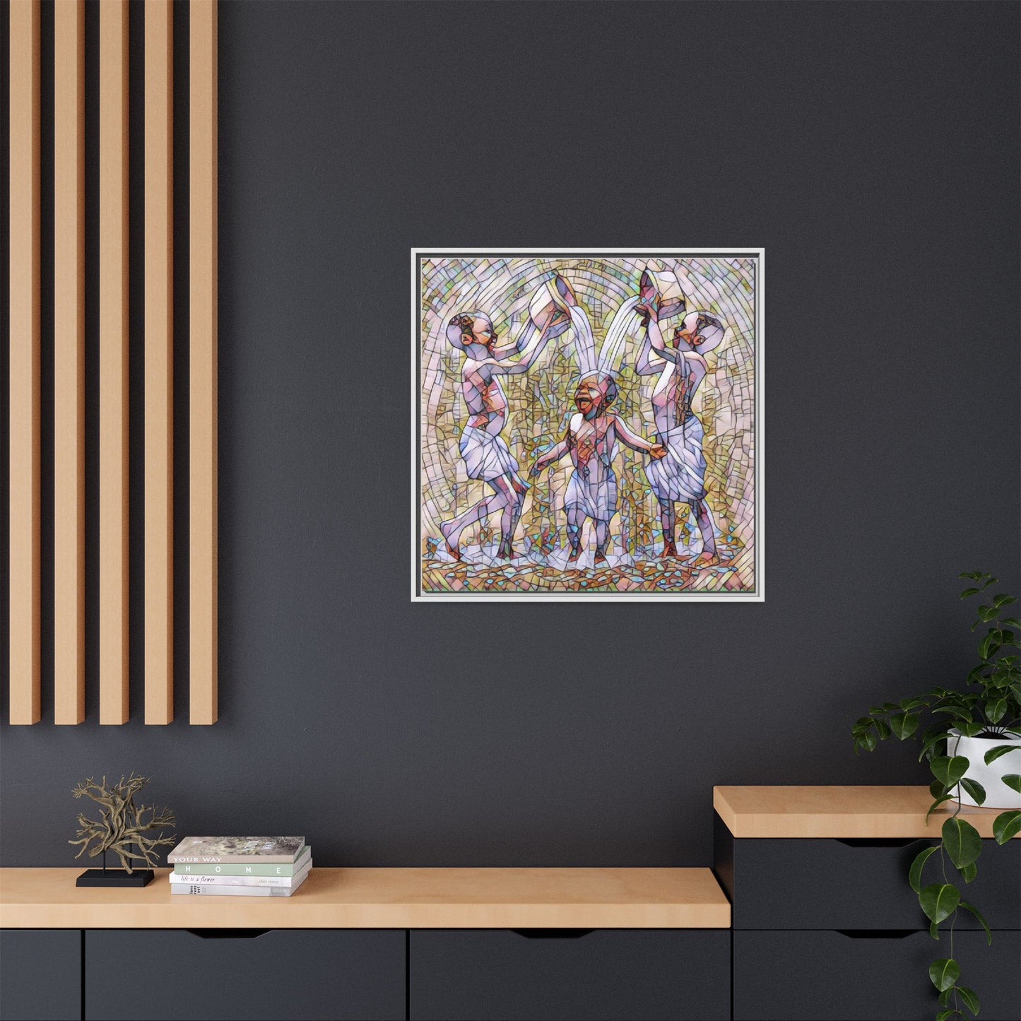 Framed Matte Canvas Art – Joyful Water Dance Family Stained-Glass Print