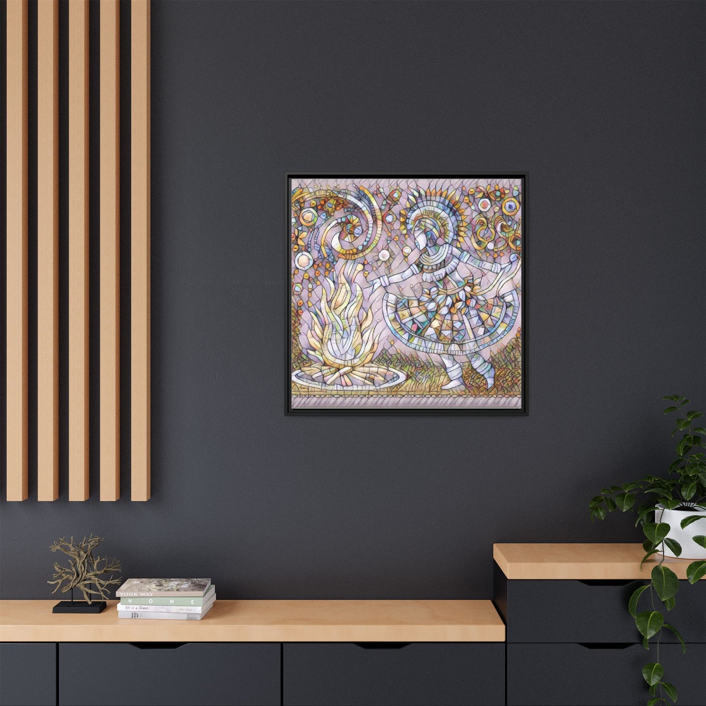 Bohemian Fire Dancer Framed Canvas Art — Colorful Folk Mosaic Wall Decor