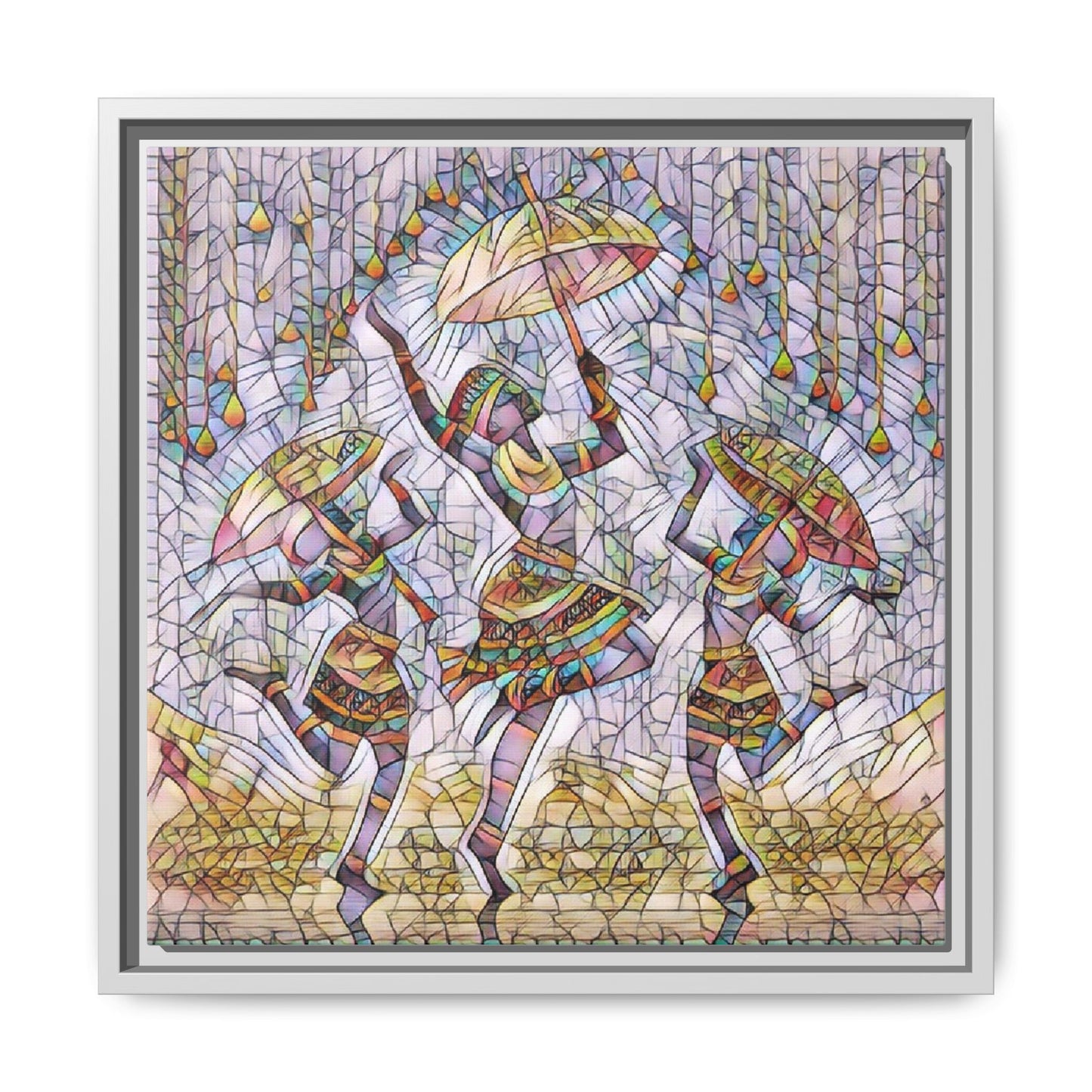 Colorful African Dance Framed Canvas Art — Umbrella Dancers Wall Decor