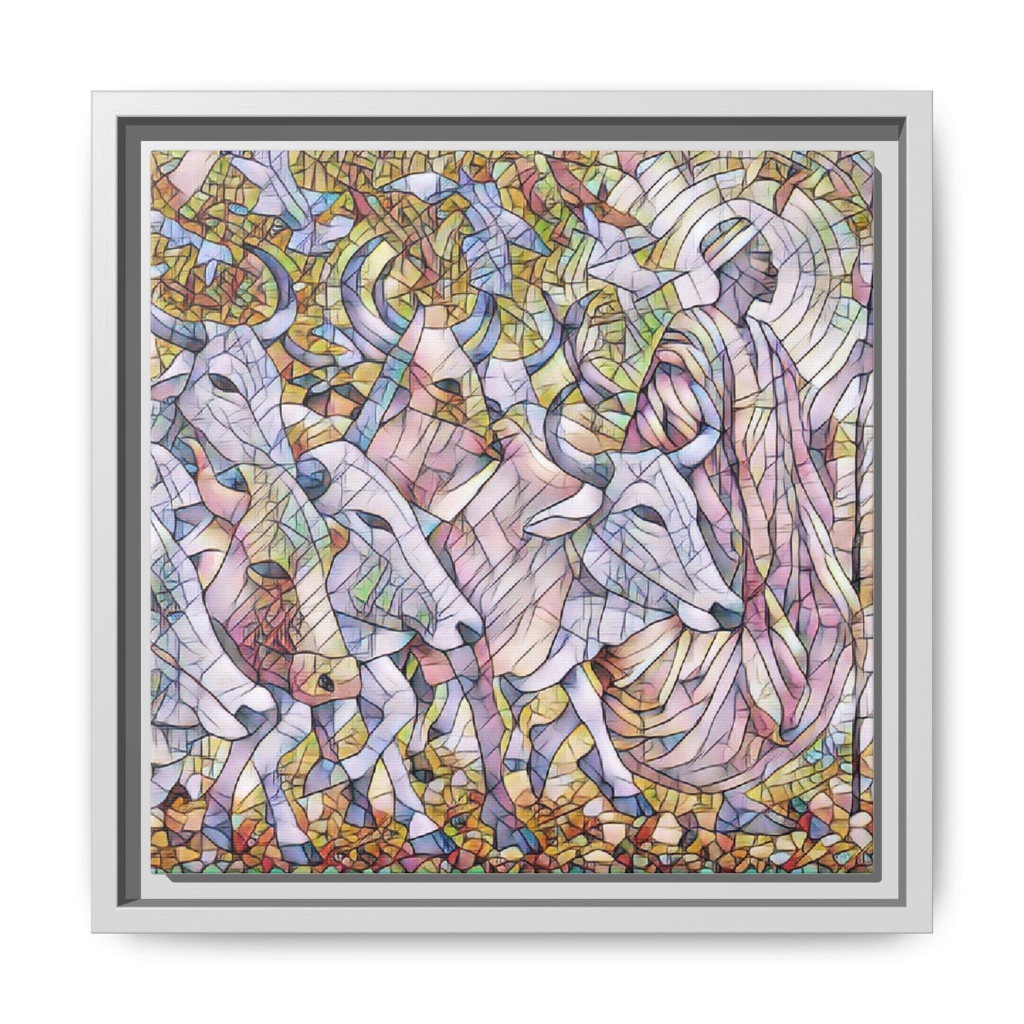 Framed Matte Canvas Art — Stained-Glass Style Cattle Herd