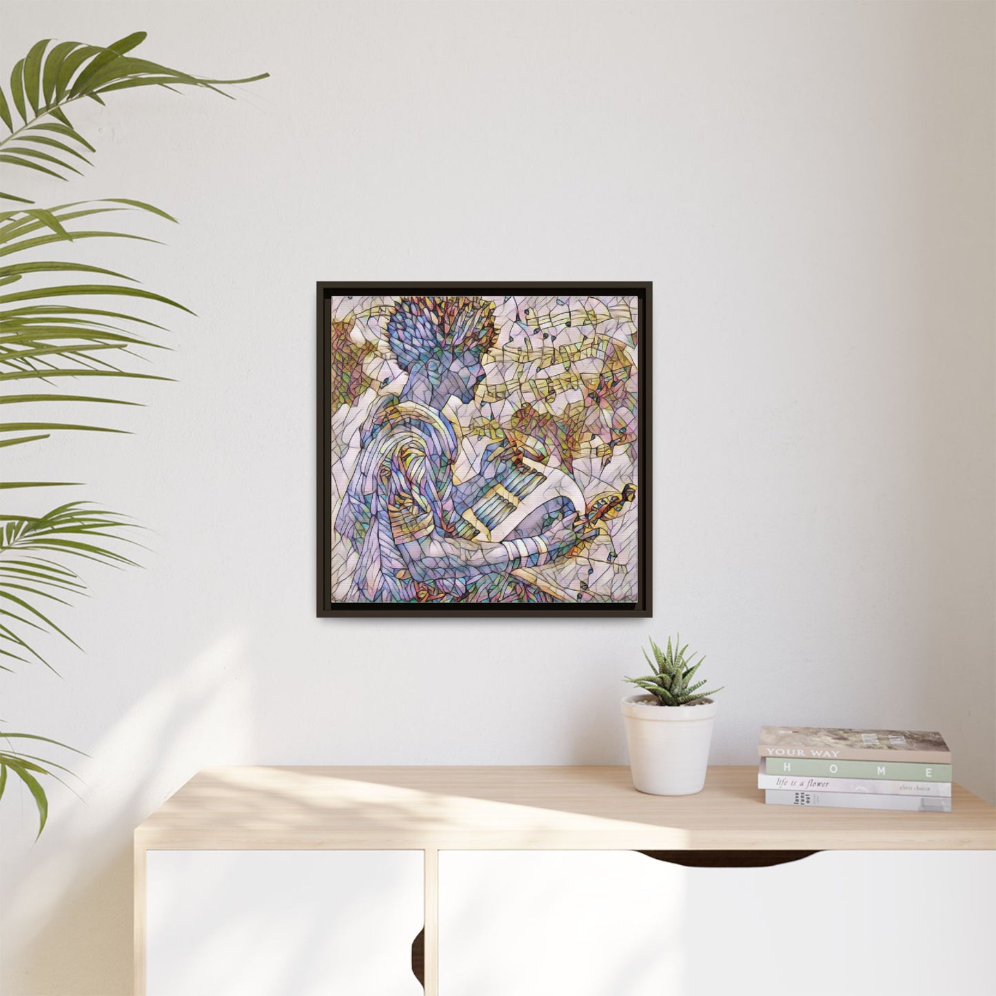 Abstract Jazz Musician Framed Canvas Art — Colorful Stained-Glass Style Wall Decor