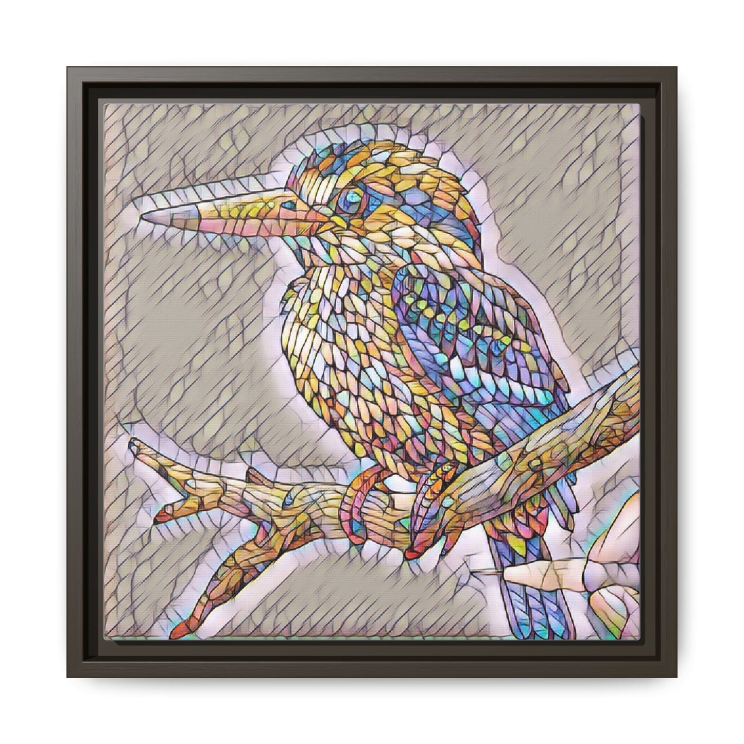 Colorful Kingfisher Framed Canvas Wall Art — Stained-Glass Style Bird Print