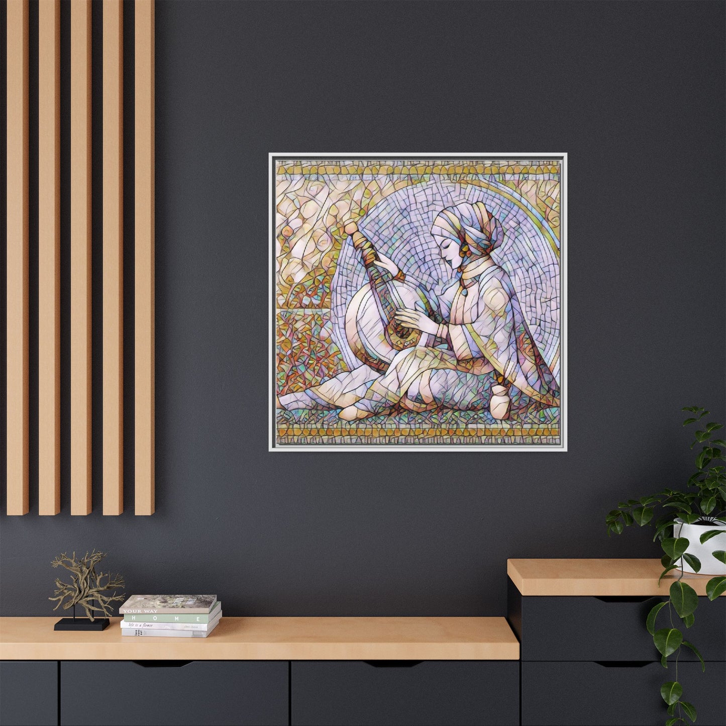 Framed Matte Canvas: Mosaic Lute Player Wall Art — Bohemian Musical Portrait
