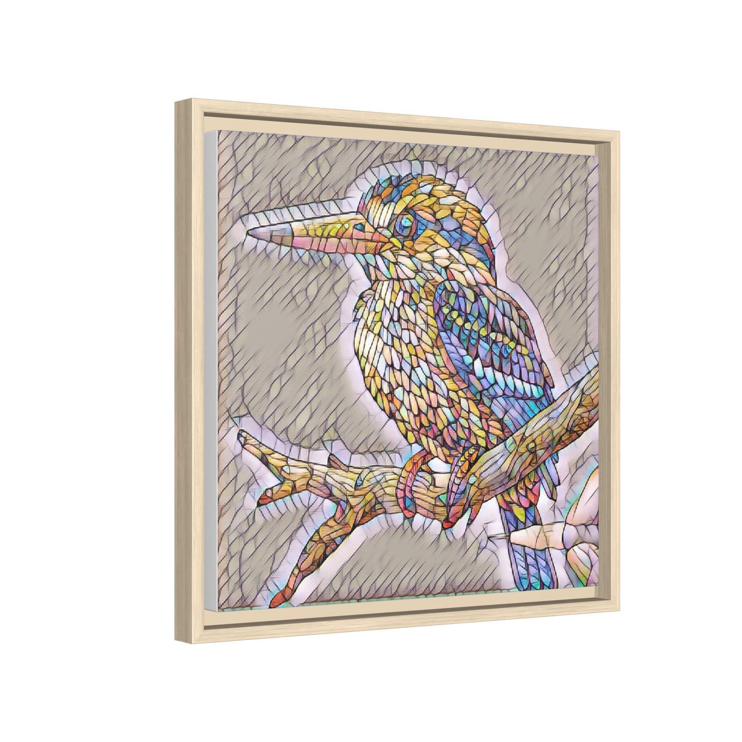 Colorful Kingfisher Framed Canvas Wall Art — Stained-Glass Style Bird Print