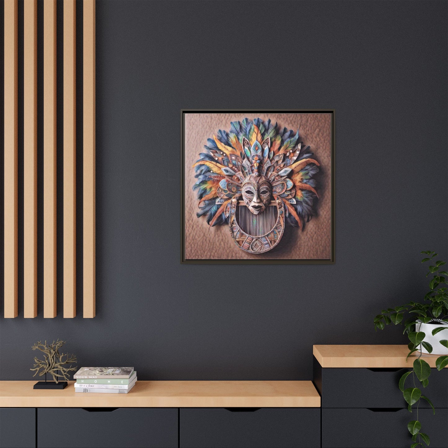 Tribal Feather Mask Framed Canvas Wall Art — Colorful Boho Decorative Print
