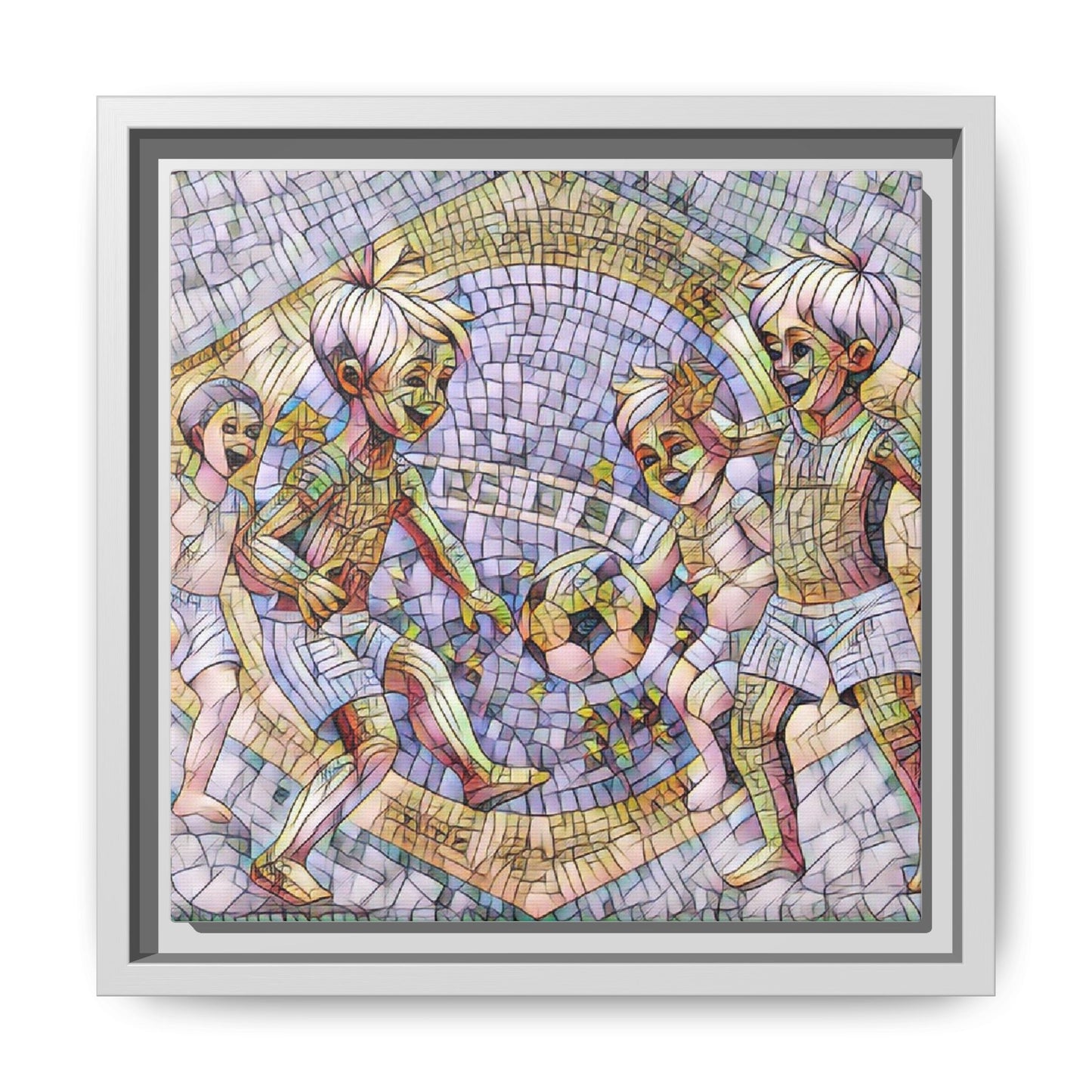 Framed Matte Canvas – Vintage Mosaic Kids Playing Soccer Art