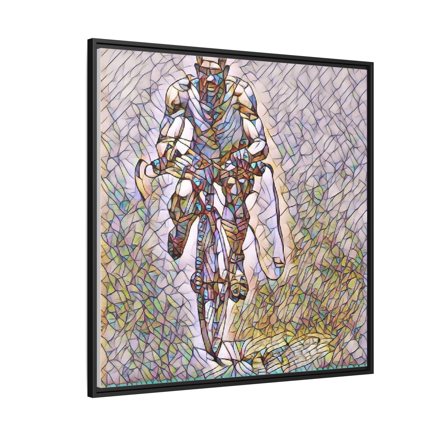 Cyclist Art Print — Framed Matte Canvas Wall Art (Multicolor Stained-Glass Style)