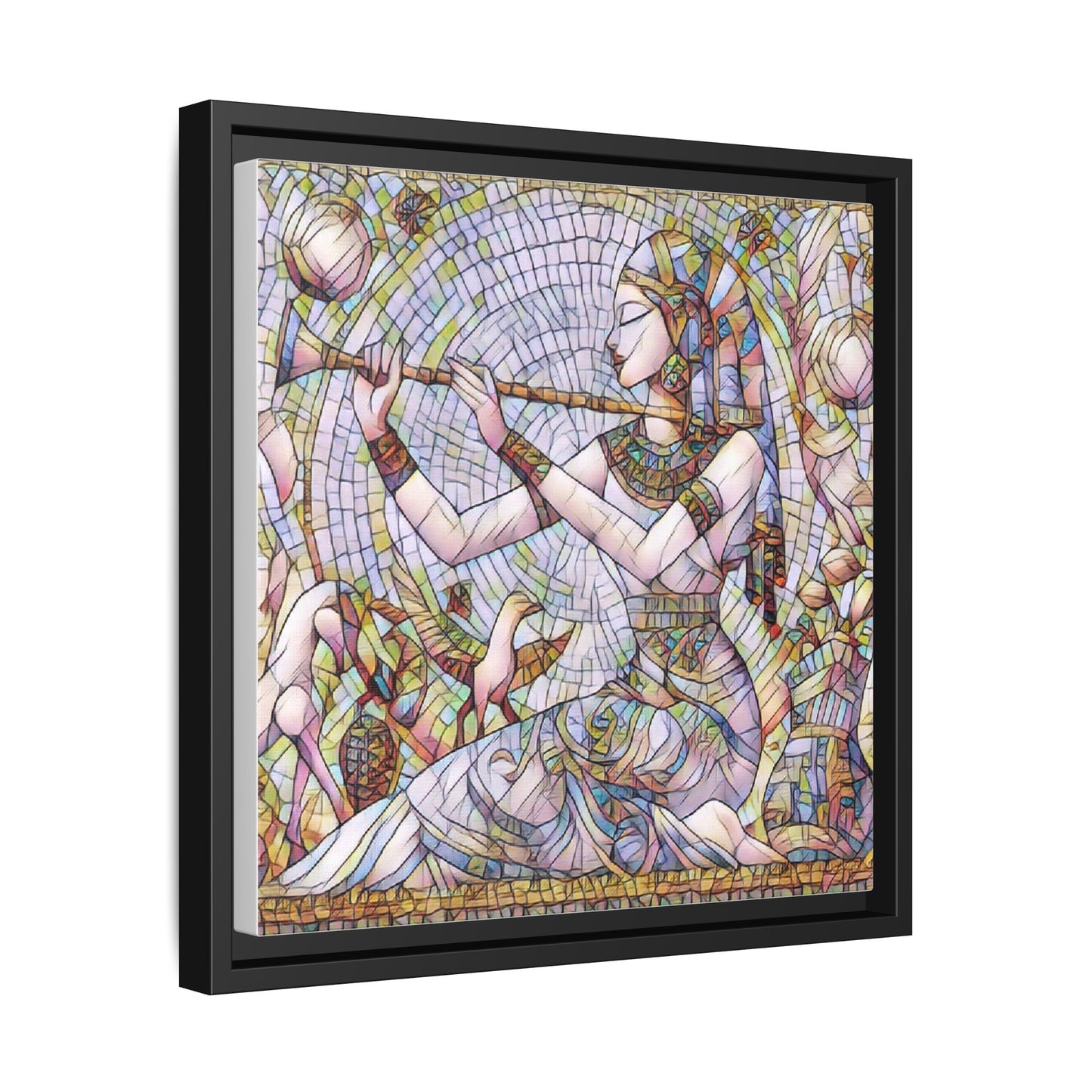 Egyptian Flute Player Framed Canvas Art — Colorful Mosaic Wall Decor