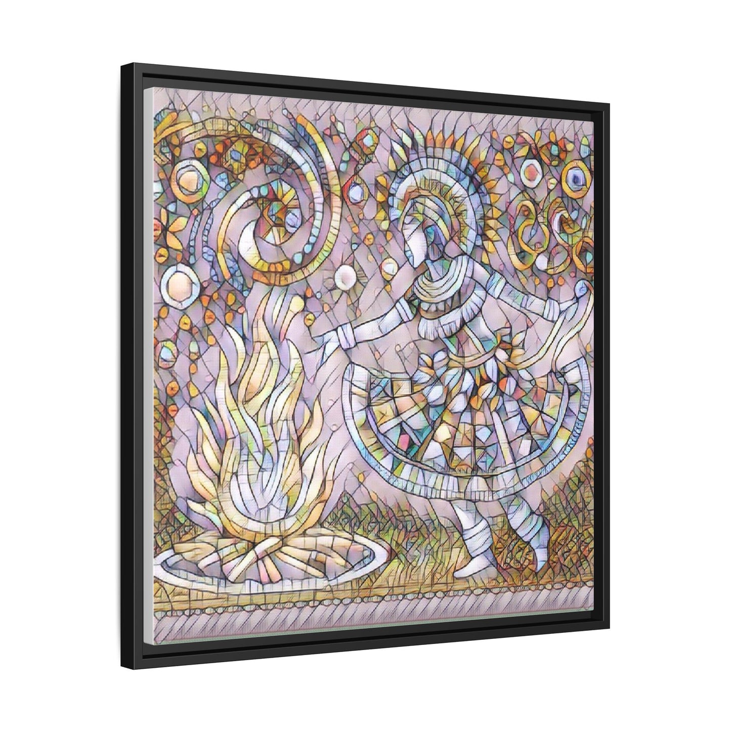 Bohemian Fire Dancer Framed Canvas Art — Colorful Folk Mosaic Wall Decor