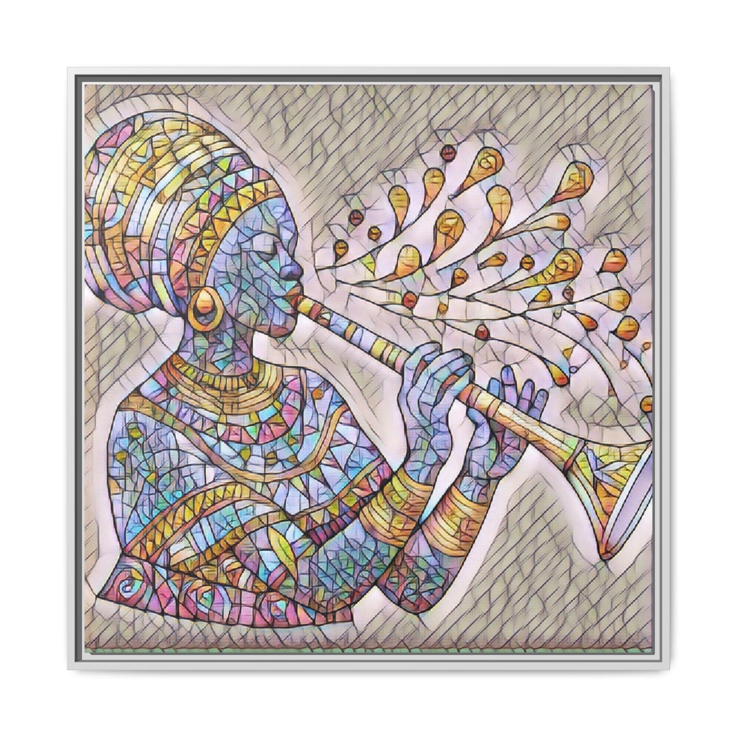 Framed Matte Canvas Art – Colorful African Musician Trumpet Print