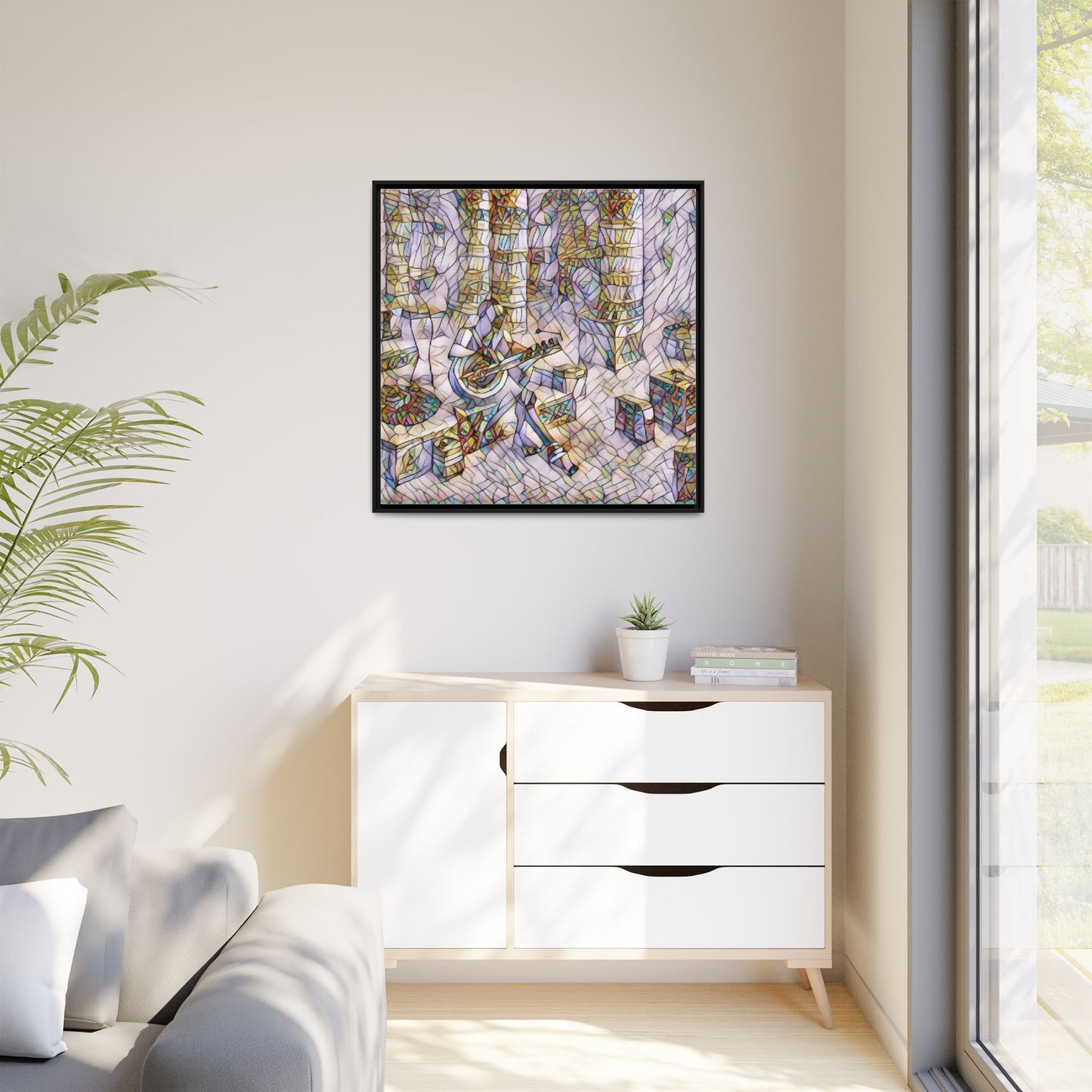 Framed Matte Canvas Art - Abstract Guitarist in Colorful Mosaic