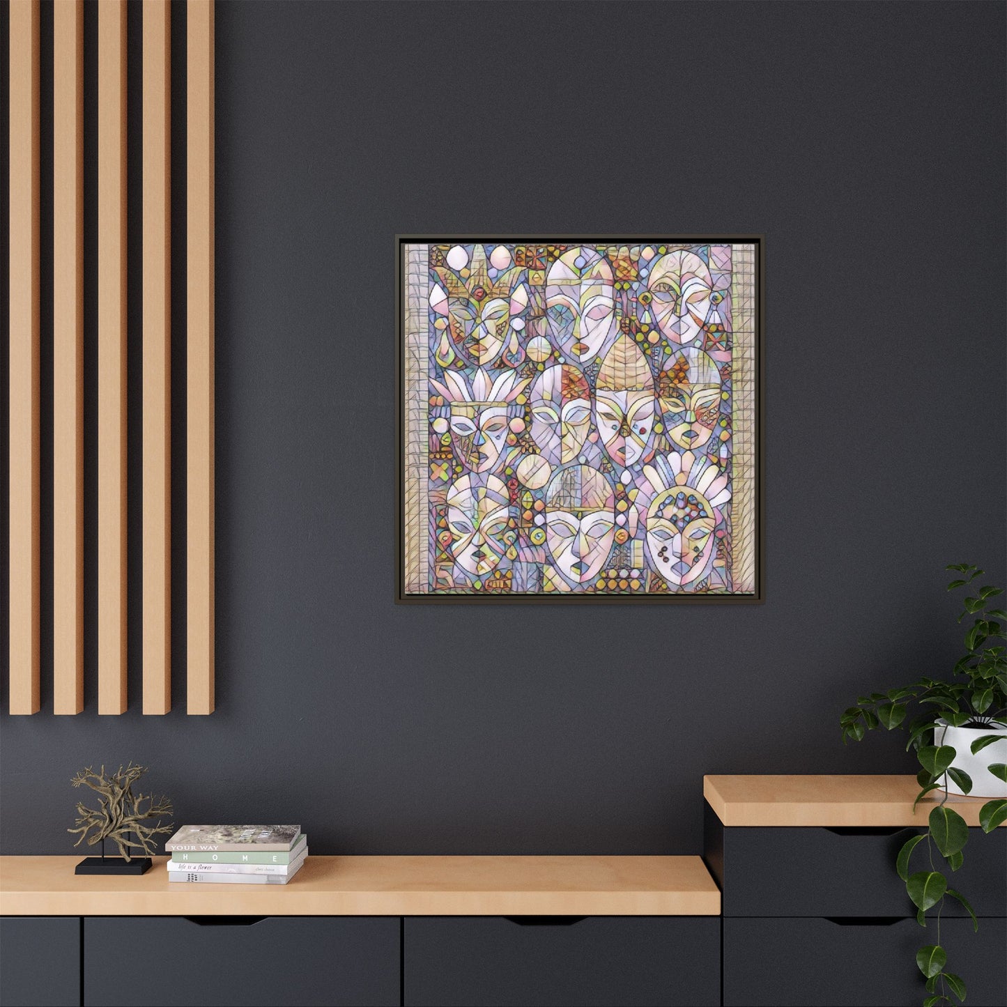 Framed Abstract Mask Art Canvas — Multicolor Stained-Glass Faces Wall Decor