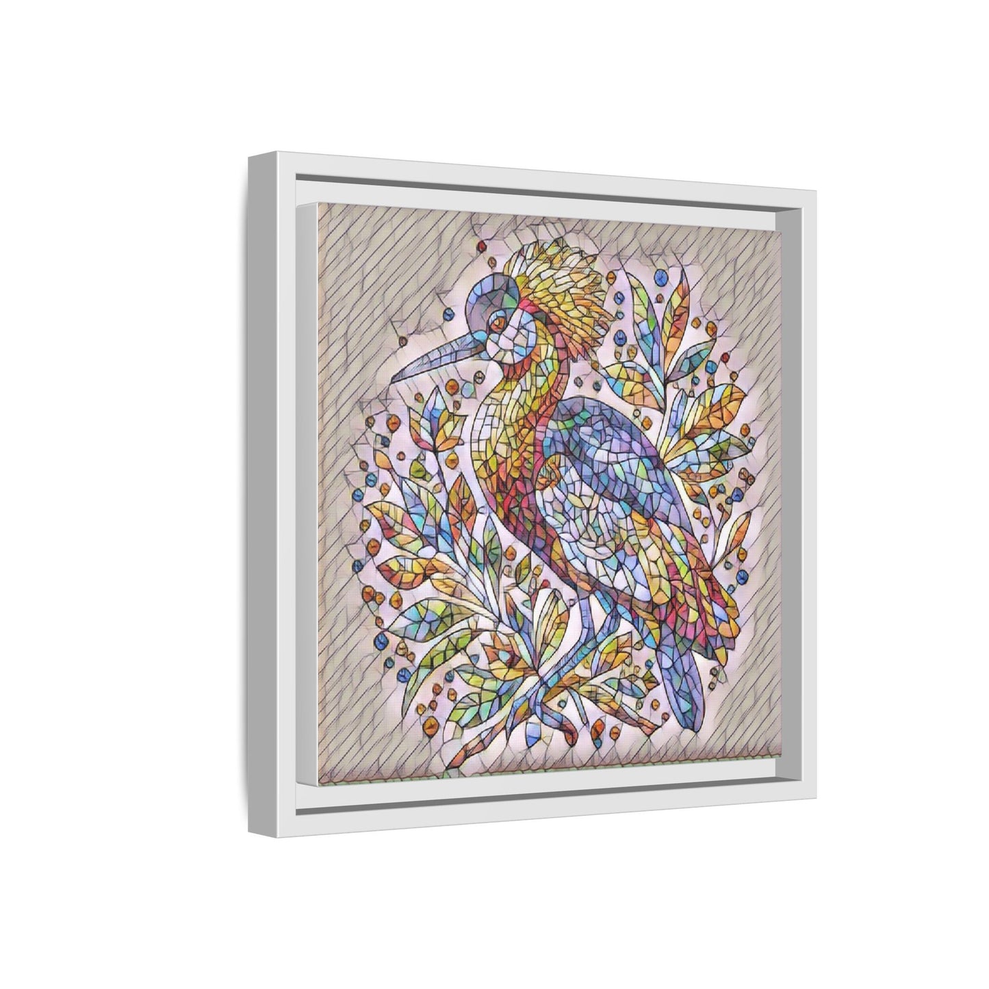 Colorful Stained-Glass Heron — Framed Matte Canvas Wall Art