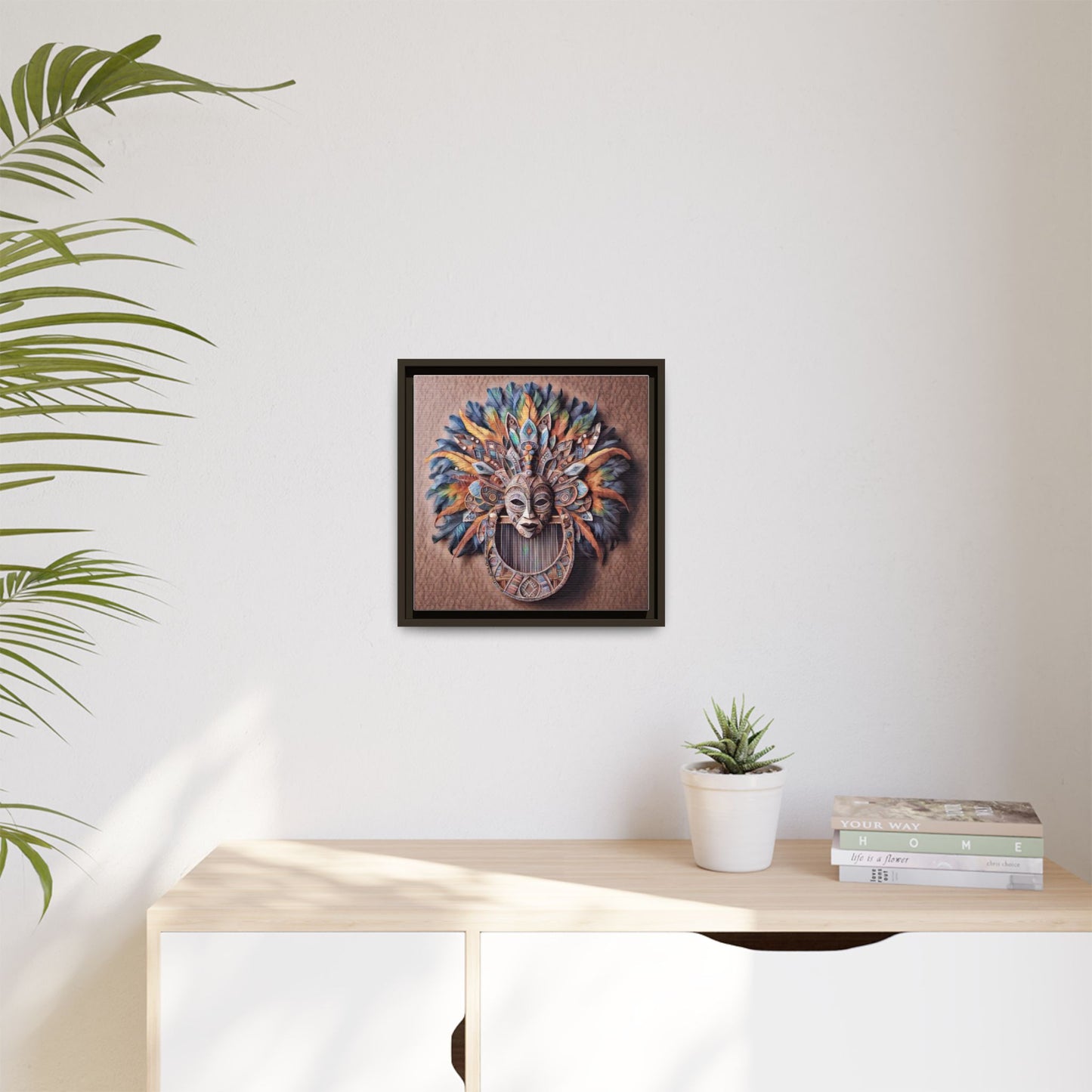 Tribal Feather Mask Framed Canvas Wall Art — Colorful Boho Decorative Print