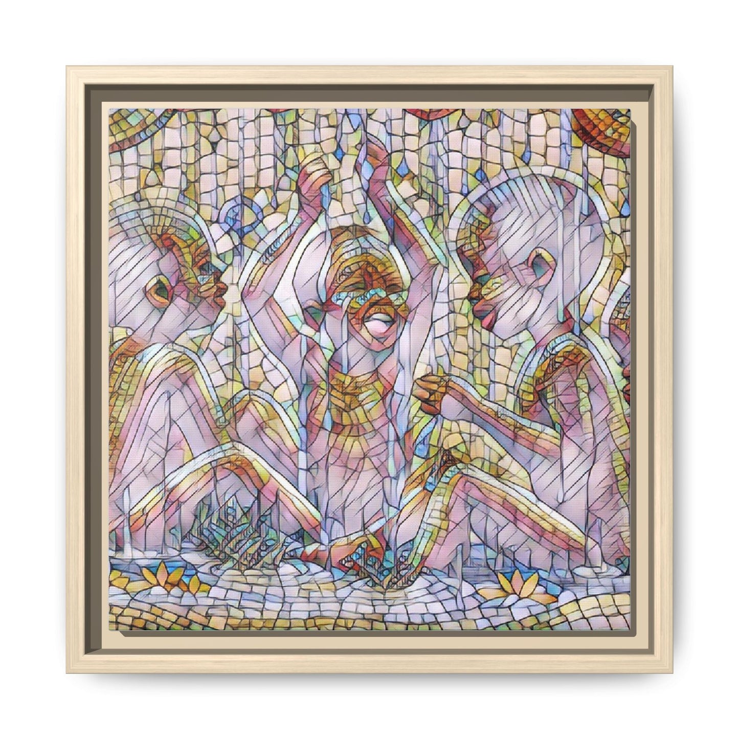 Framed Matte Canvas Art — Mosaic Children Playing (Multicolor)