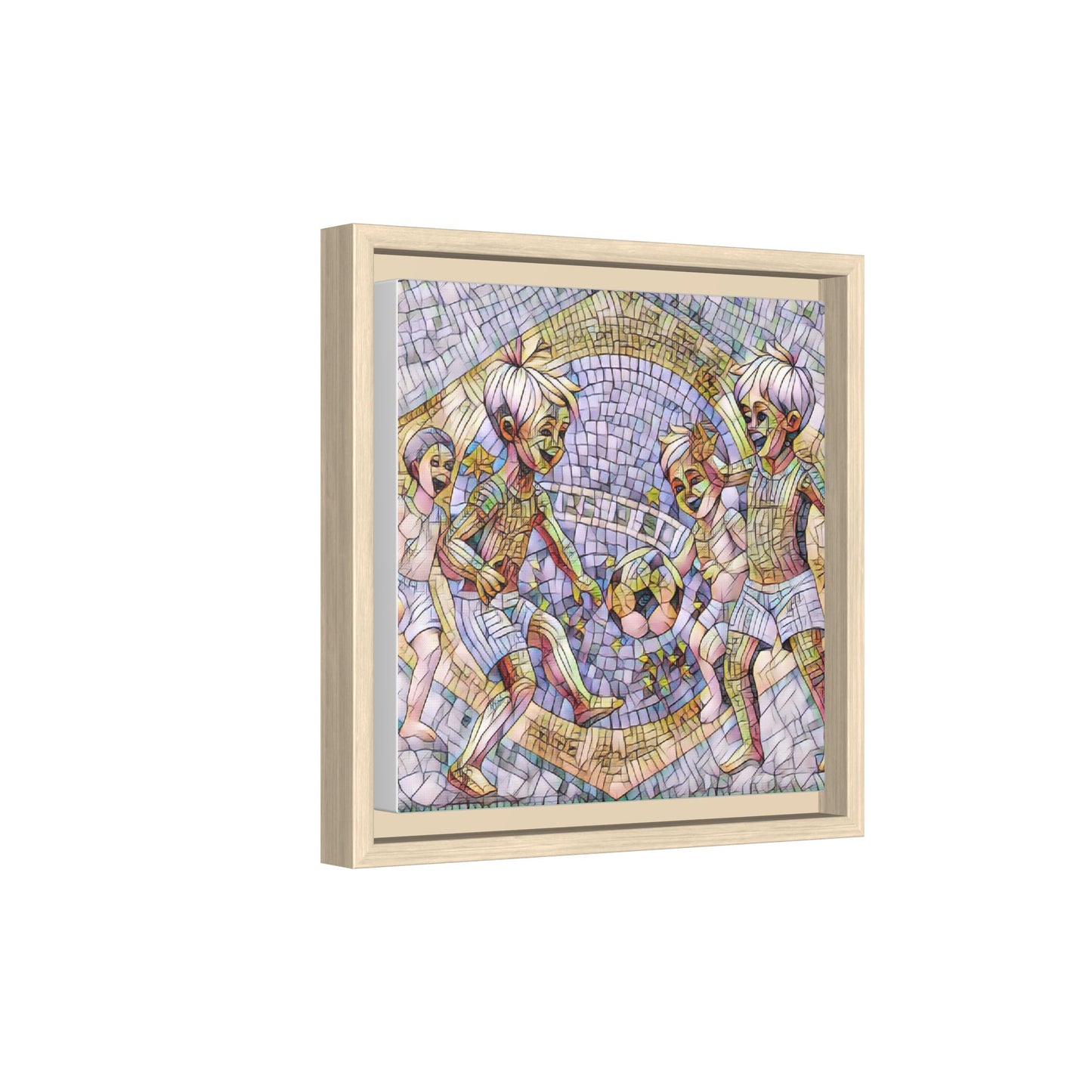 Framed Matte Canvas – Vintage Mosaic Kids Playing Soccer Art