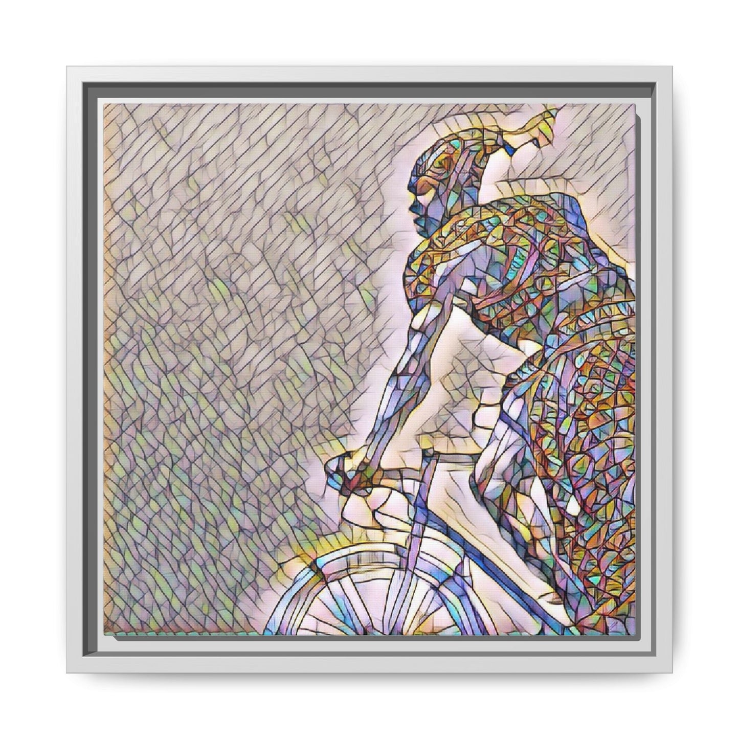Cyclist Mosaic Matte Canvas Print — Framed Multicolor Bike Art