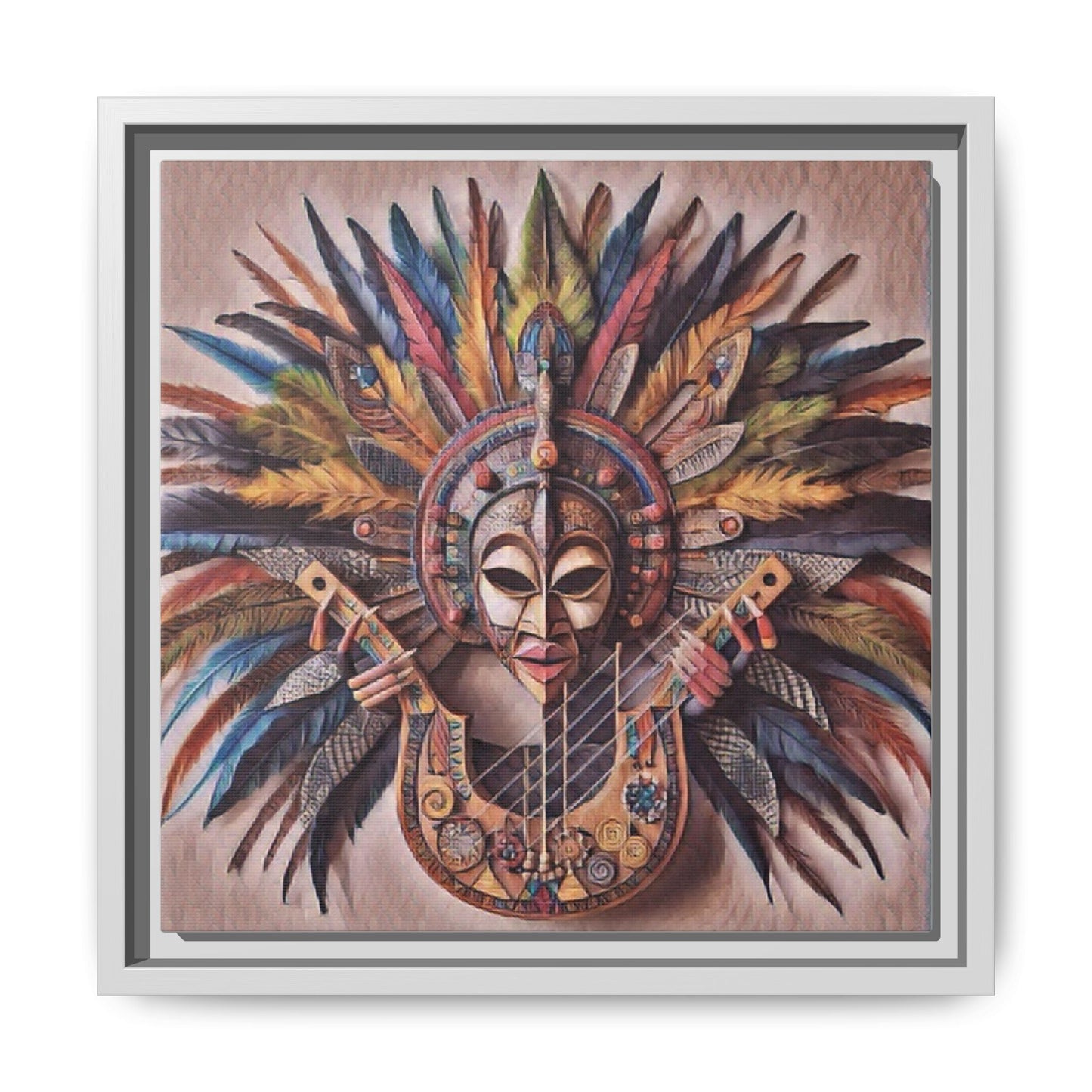 Tribal Feather Mask Guitar Framed Canvas Art — Colorful Boho Wall Decor