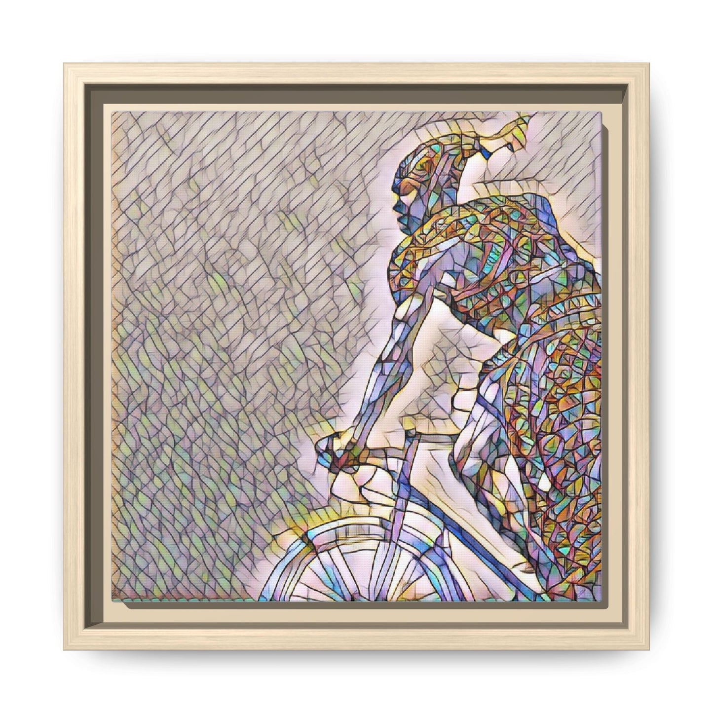 Cyclist Mosaic Matte Canvas Print — Framed Multicolor Bike Art