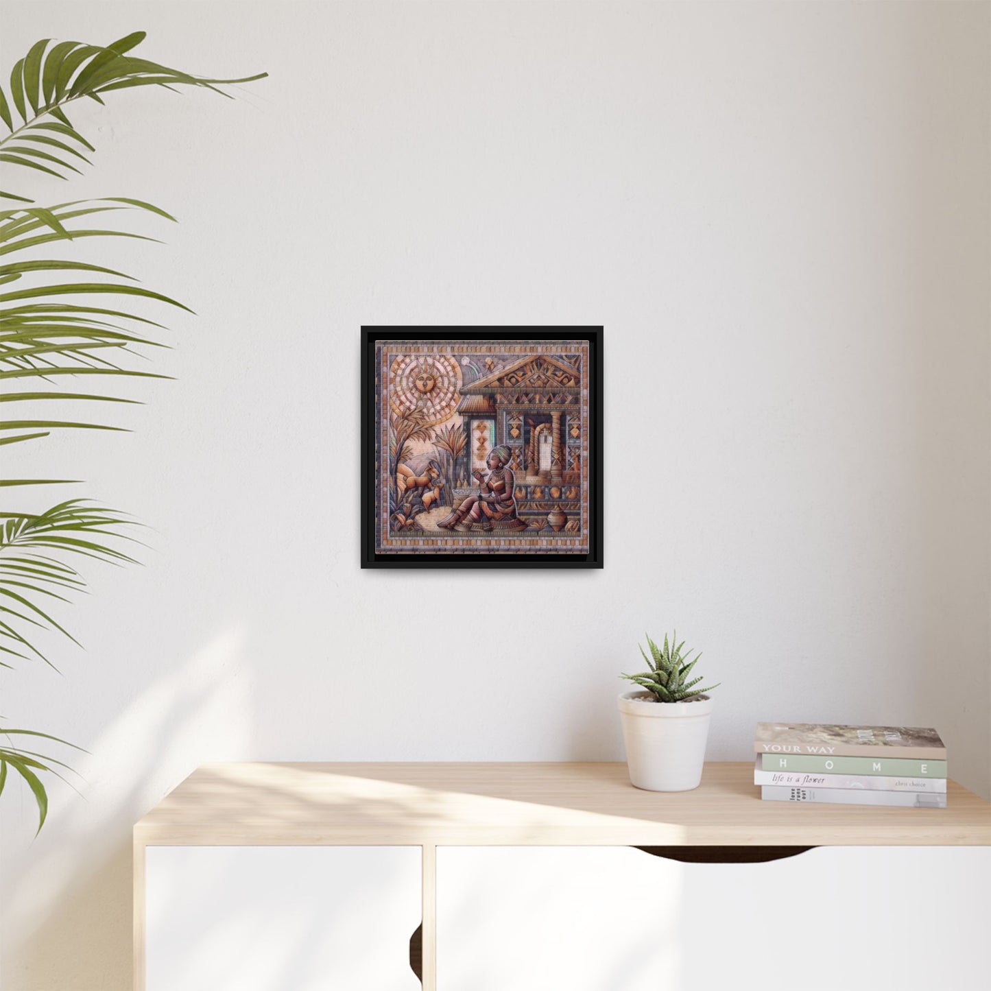 Egyptian Goddess Mosaic Framed Canvas Art — Colorful Ancient Ritual Wall Decor