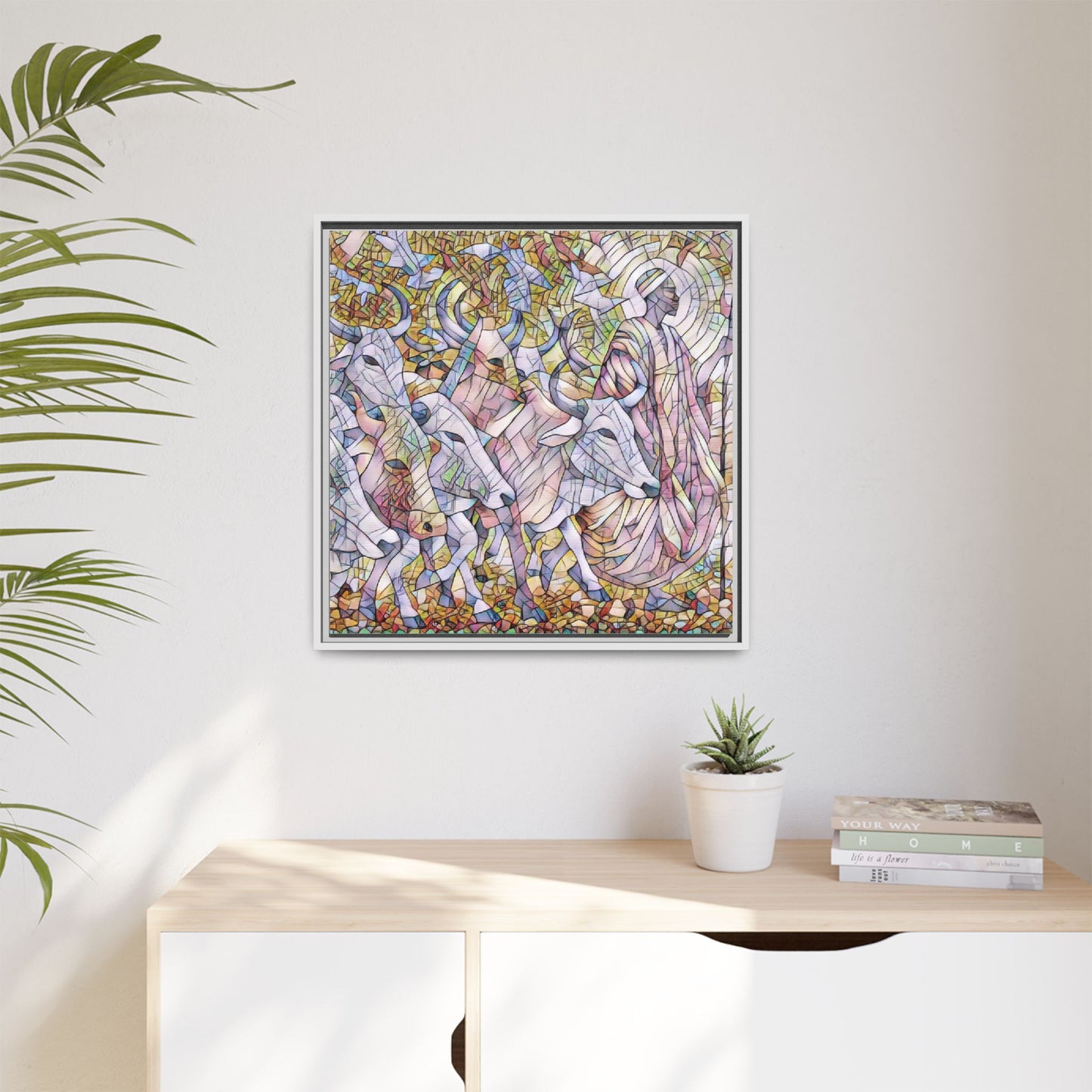 Framed Matte Canvas Art — Stained-Glass Style Cattle Herd