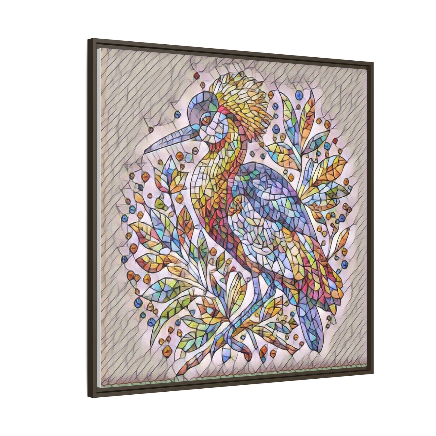 Colorful Stained-Glass Heron — Framed Matte Canvas Wall Art