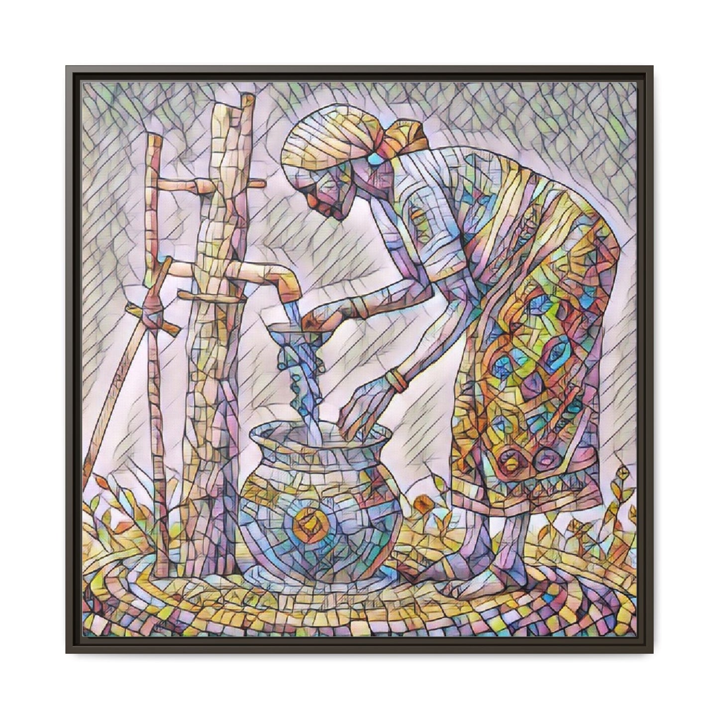 Framed Matte Canvas Art — Colorful Mosaic Woman at Well