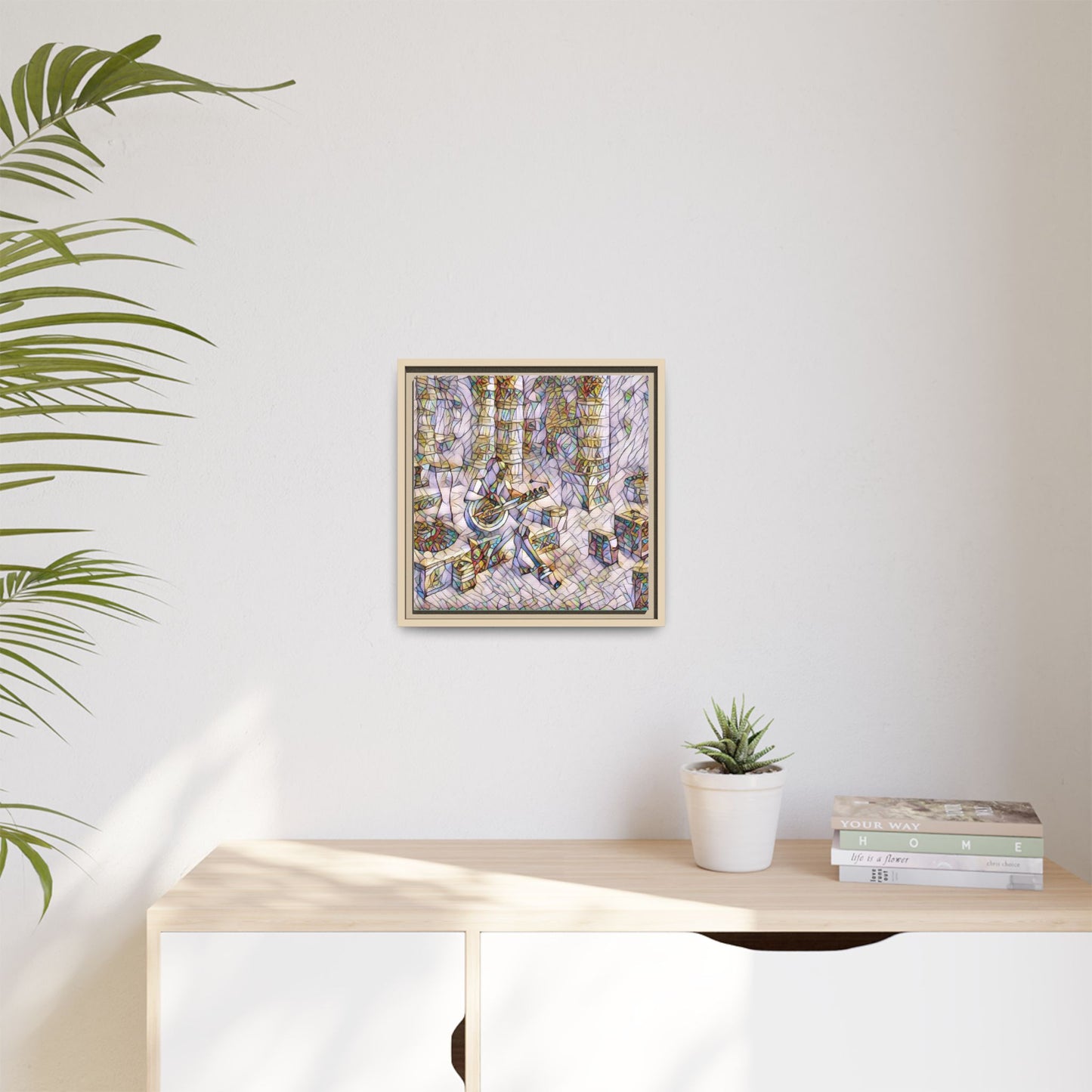 Framed Matte Canvas Art - Abstract Guitarist in Colorful Mosaic