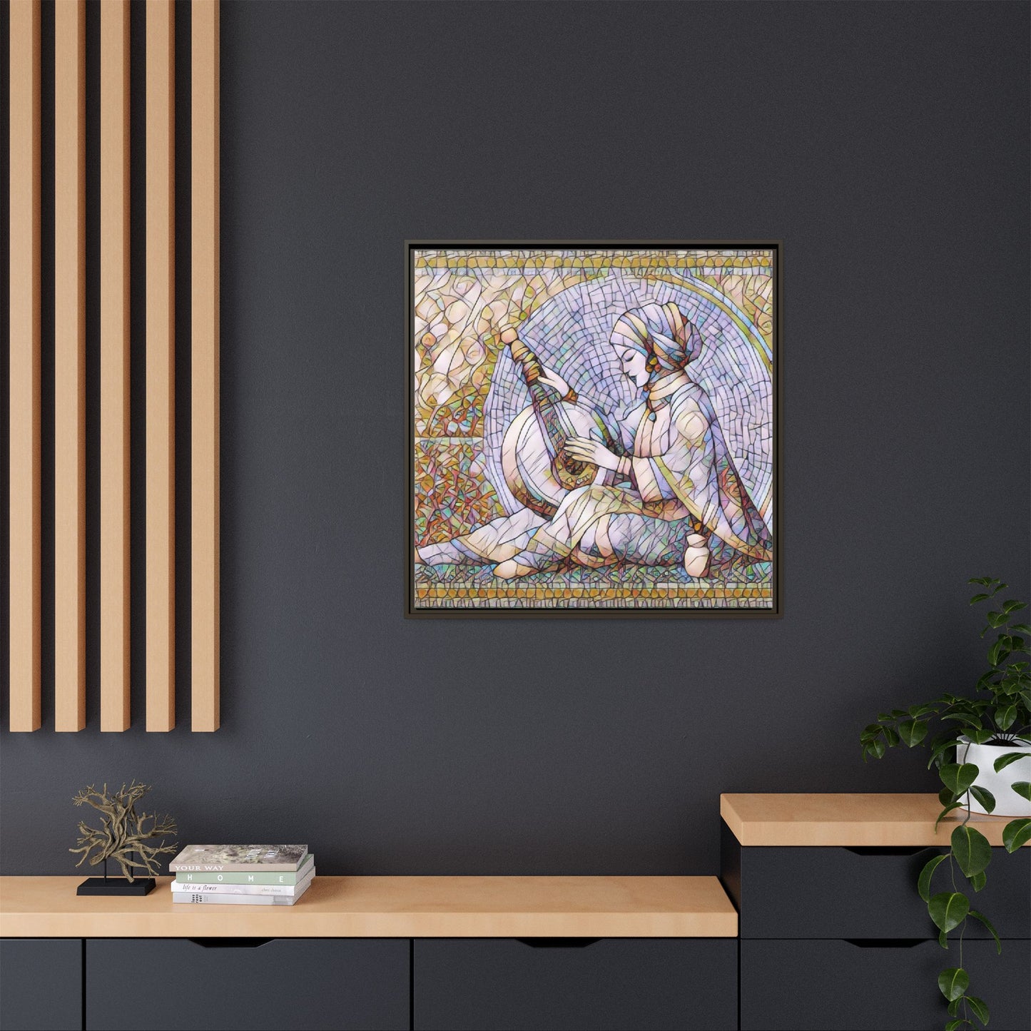 Framed Matte Canvas: Mosaic Lute Player Wall Art — Bohemian Musical Portrait