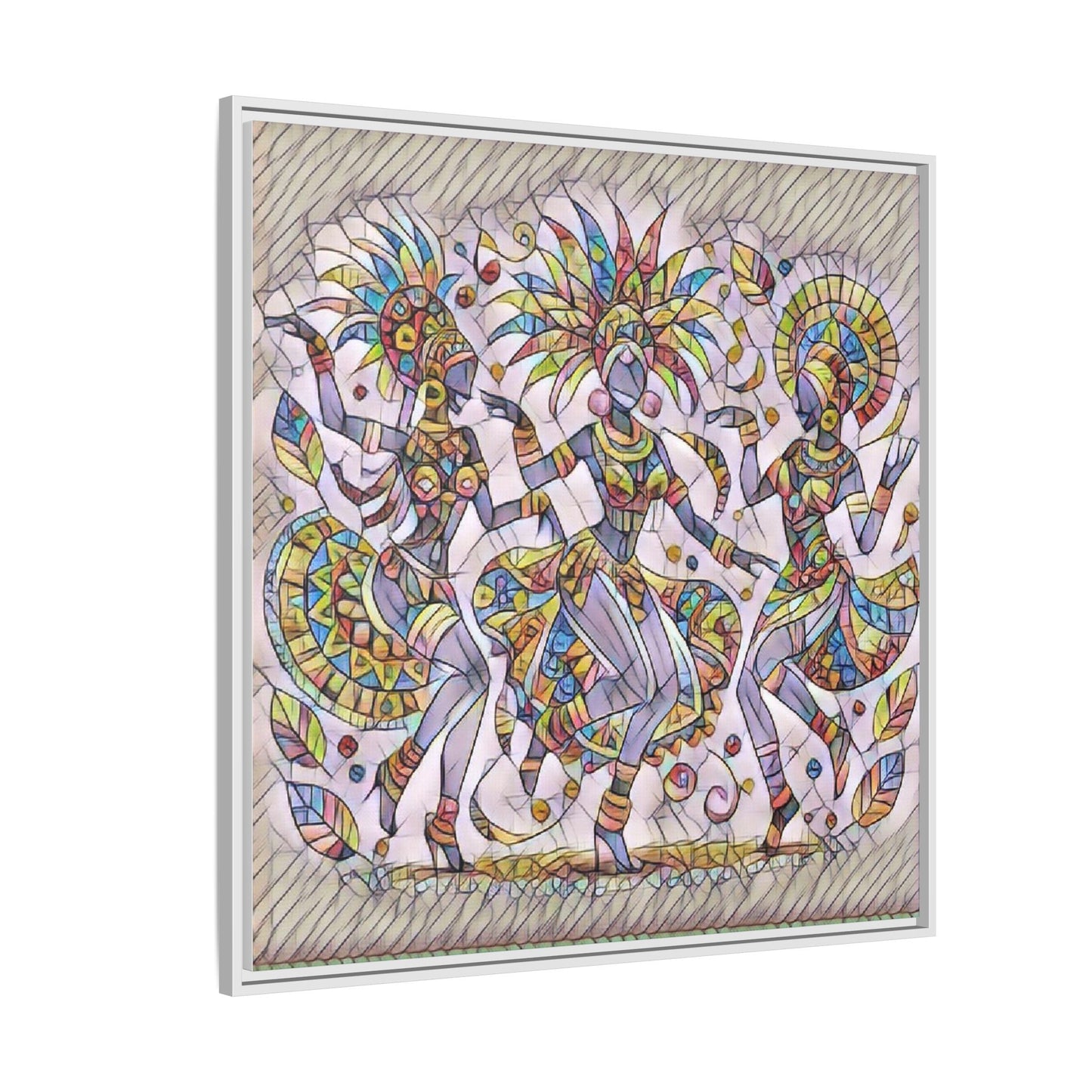 Colorful Carnival Dancers Framed Canvas Art — Multicolor Tribal Celebration Print