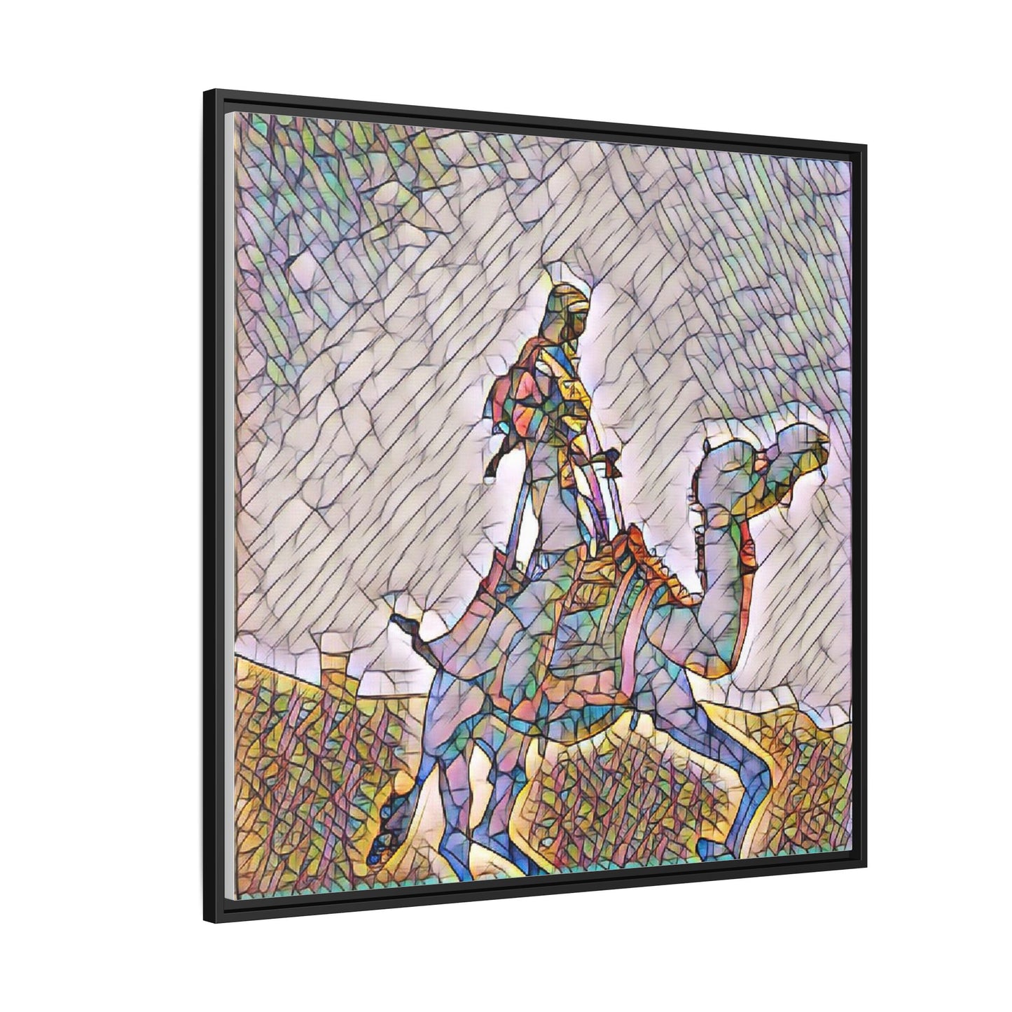 Framed Camel Rider Matte Canvas Art — Colorful Mosaic Desert Wall Decor