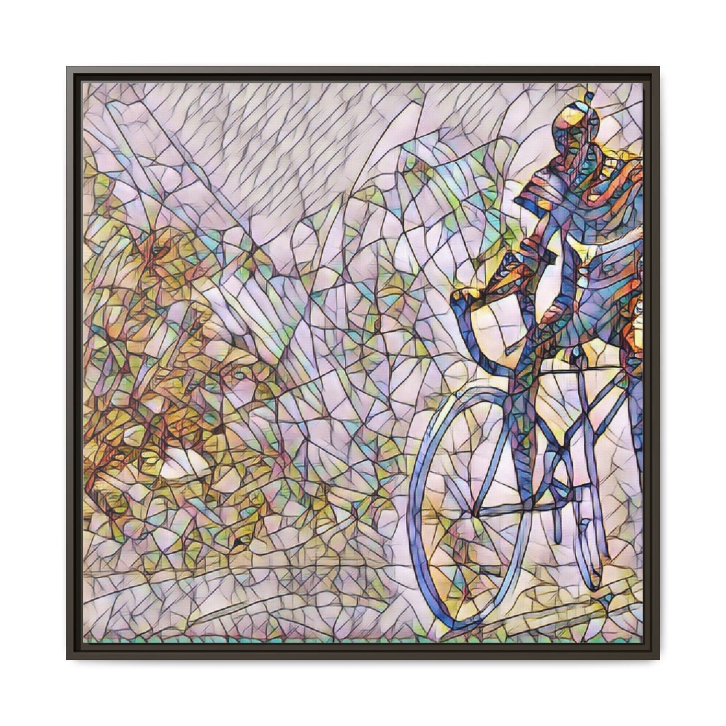 Colorful Cyclist Stained-Glass Art — Framed Matte Canvas