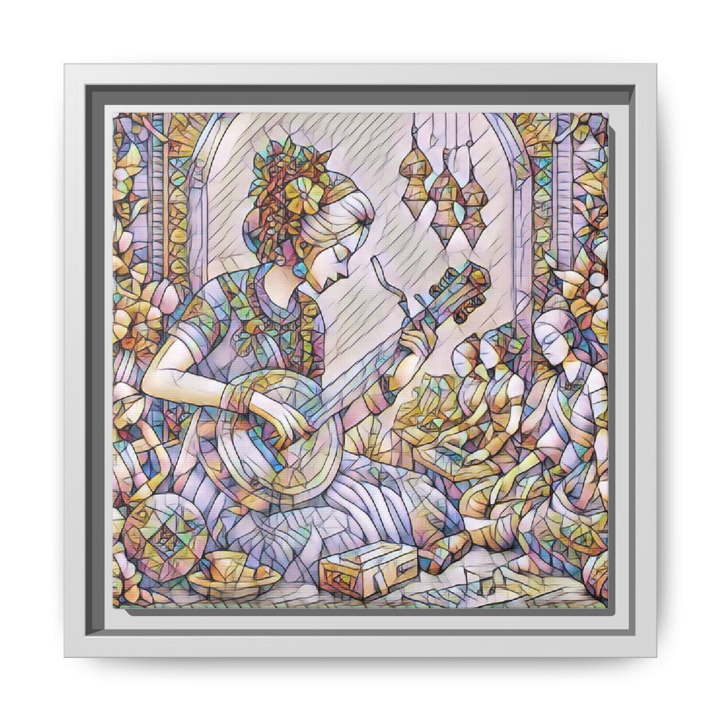 Framed Matte Canvas: Bohemian Woman Playing Lute — Stained-Glass Style Wall Art