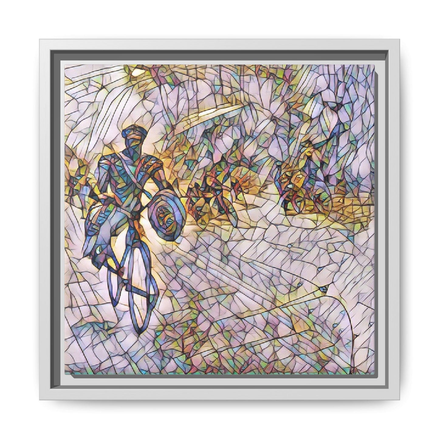 Cyclist Mosaic Matte Canvas Framed Wall Art — Colorful Biking Scene
