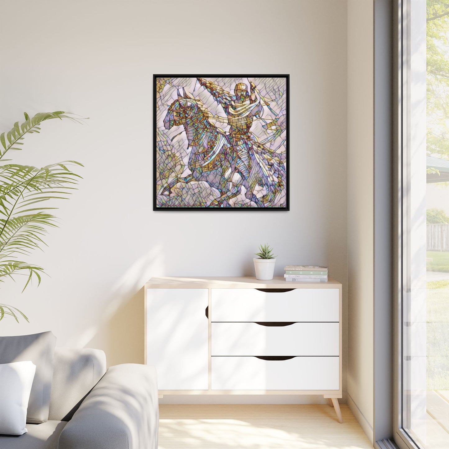 Framed Matte Canvas Print — Stained Glass Knight on Horse Artwork