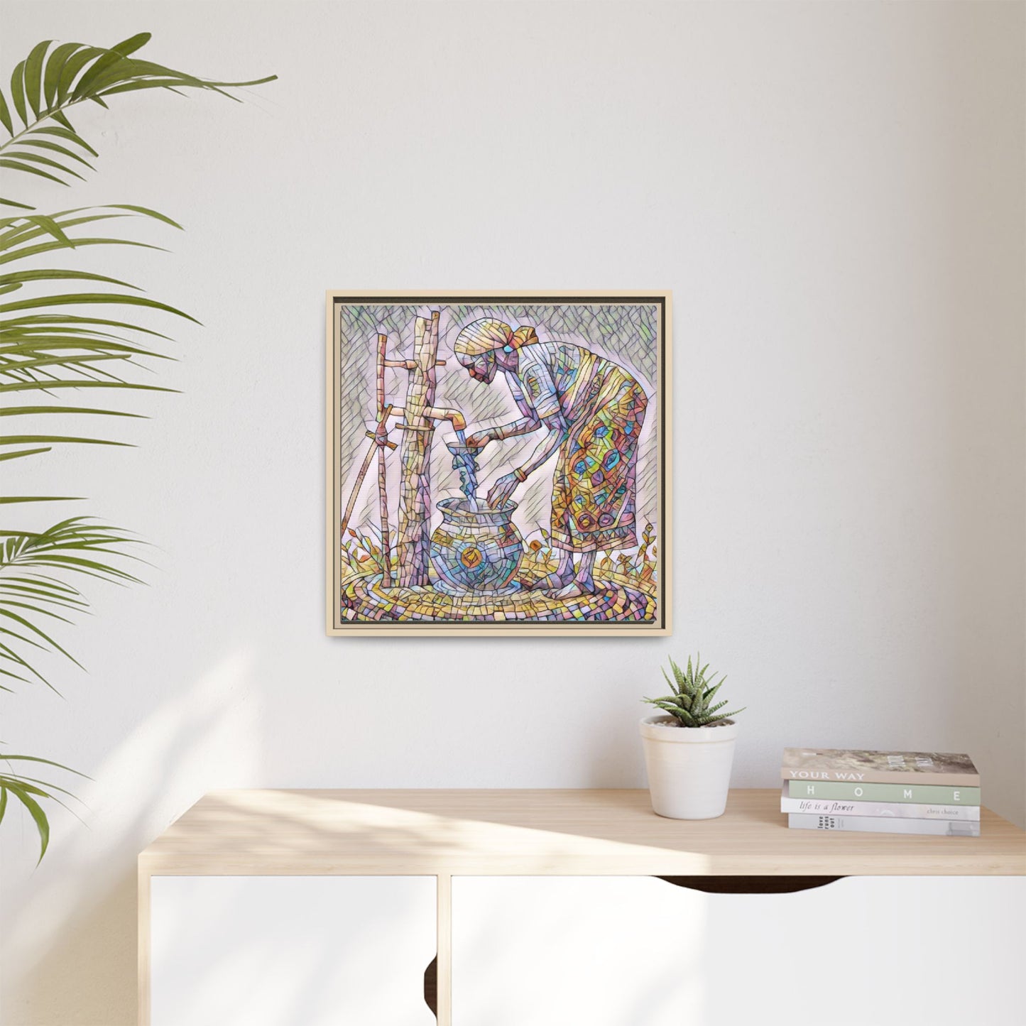 Framed Matte Canvas Art — Colorful Mosaic Woman at Well