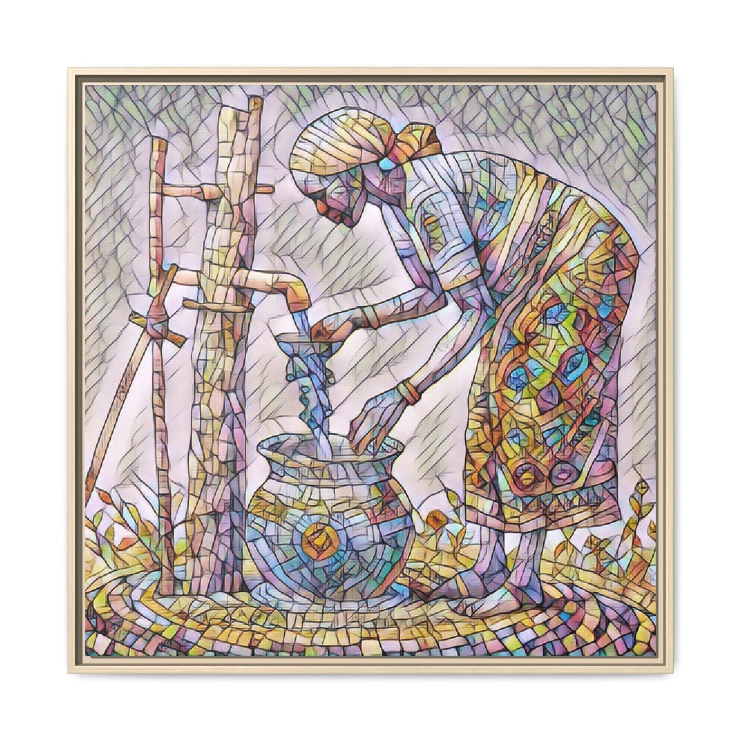 Framed Matte Canvas Art — Colorful Mosaic Woman at Well