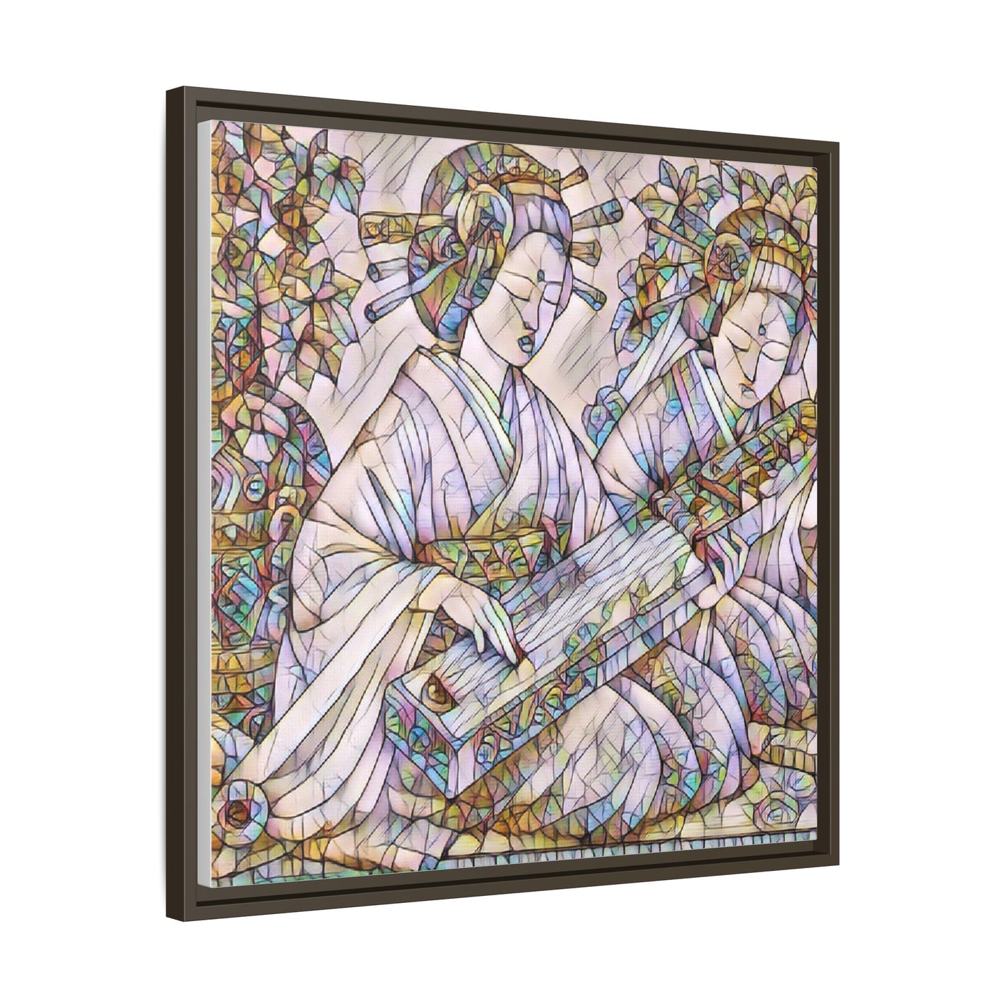 Framed Matte Canvas Print — Stained-Glass Geisha Duo