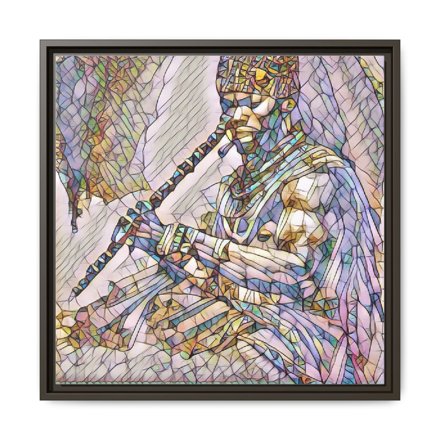 Tribal Flute Musician Stained-Glass Framed Canvas Art