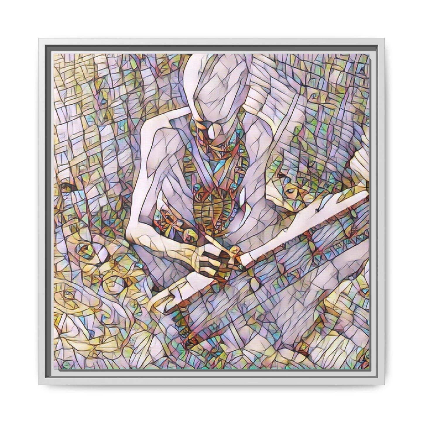 Abstract Fantasy Warrior Matte Framed Canvas — Colorful Stained-Glass Style Art