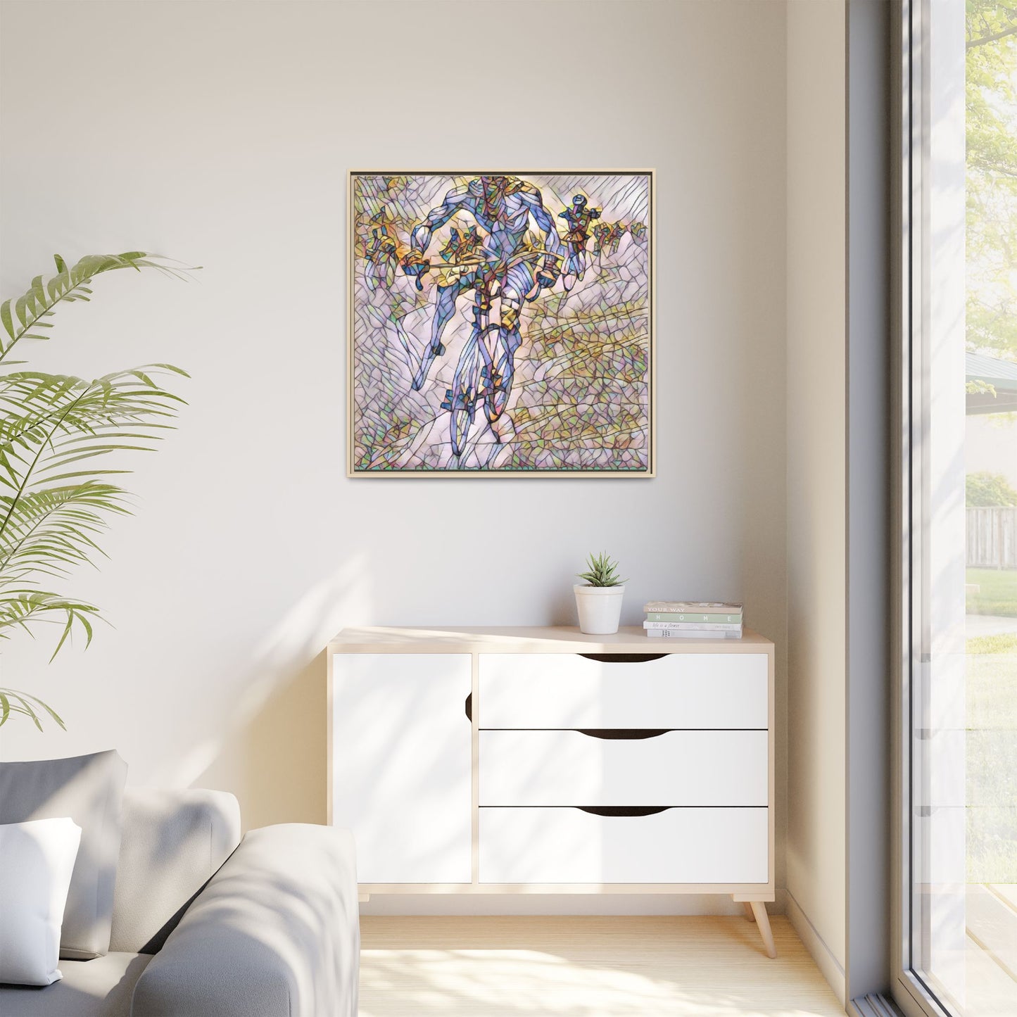 Abstract Cyclist Matte Canvas Framed Art — Colorful Stained-Glass Bike Print