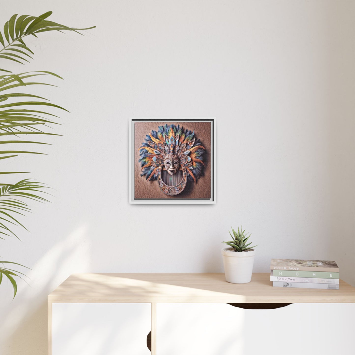 Tribal Feather Mask Framed Canvas Wall Art — Colorful Boho Decorative Print
