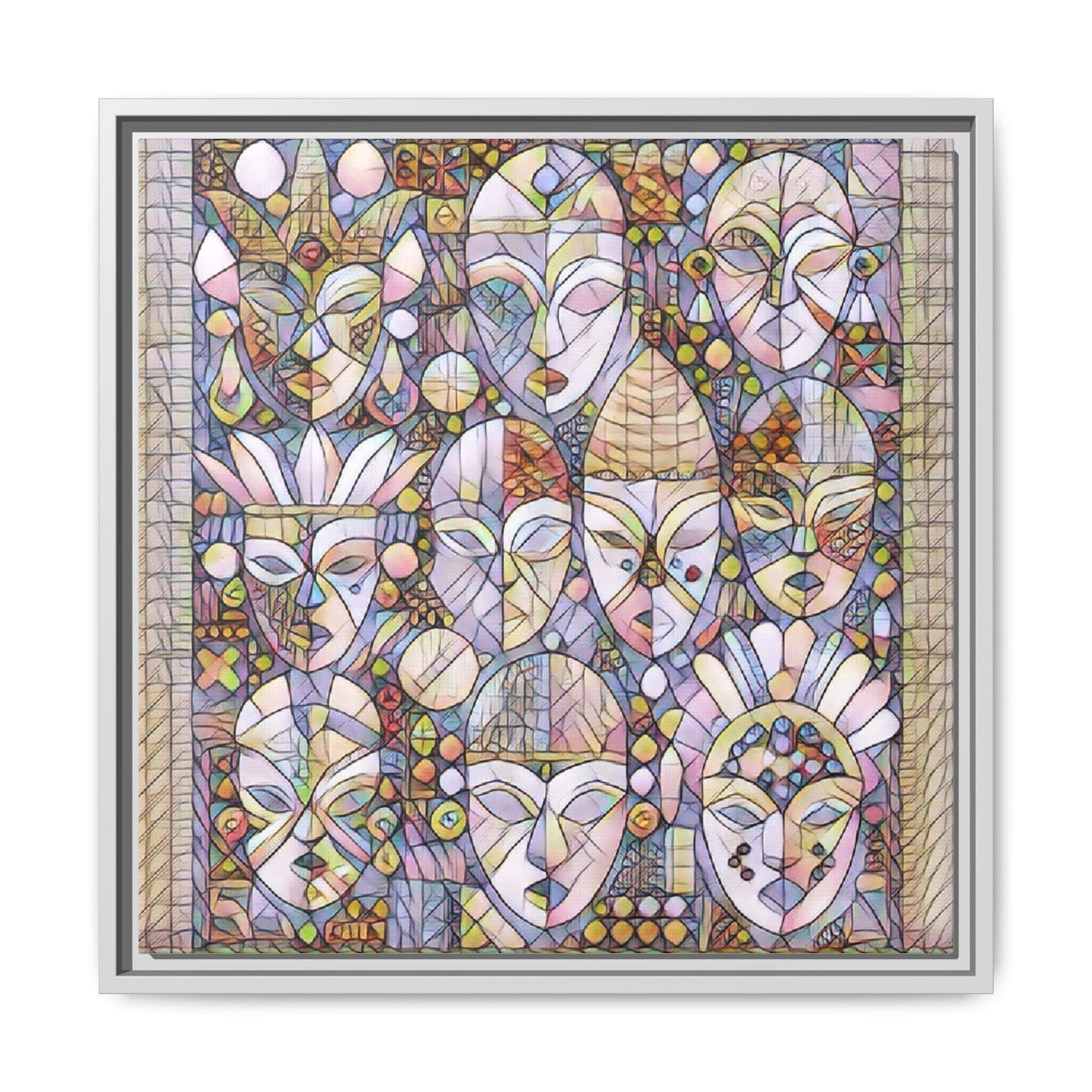 Framed Abstract Mask Art Canvas — Multicolor Stained-Glass Faces Wall Decor