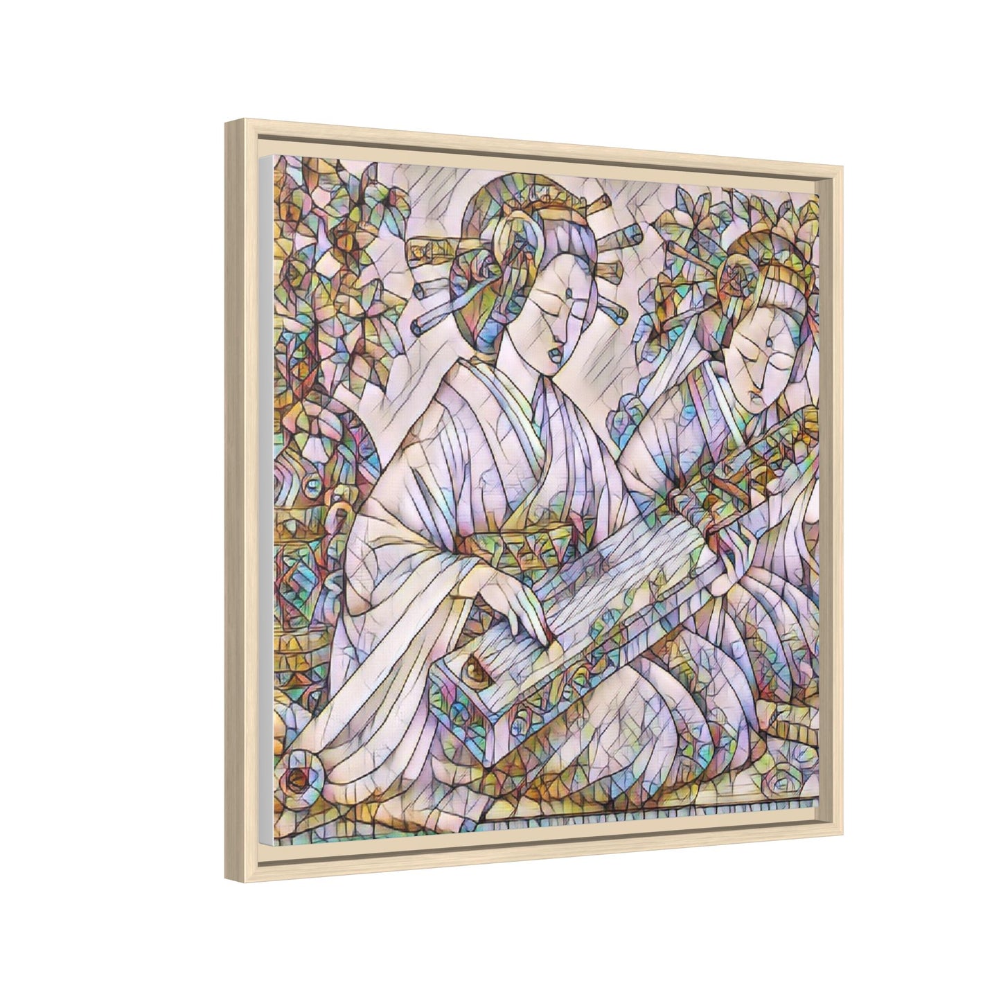 Framed Matte Canvas Print — Stained-Glass Geisha Duo