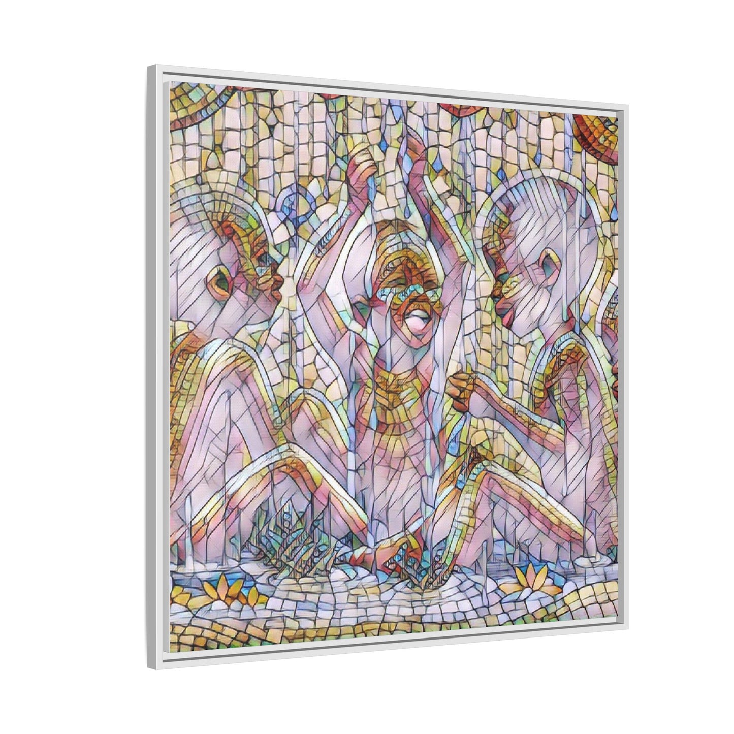 Framed Matte Canvas Art — Mosaic Children Playing (Multicolor)