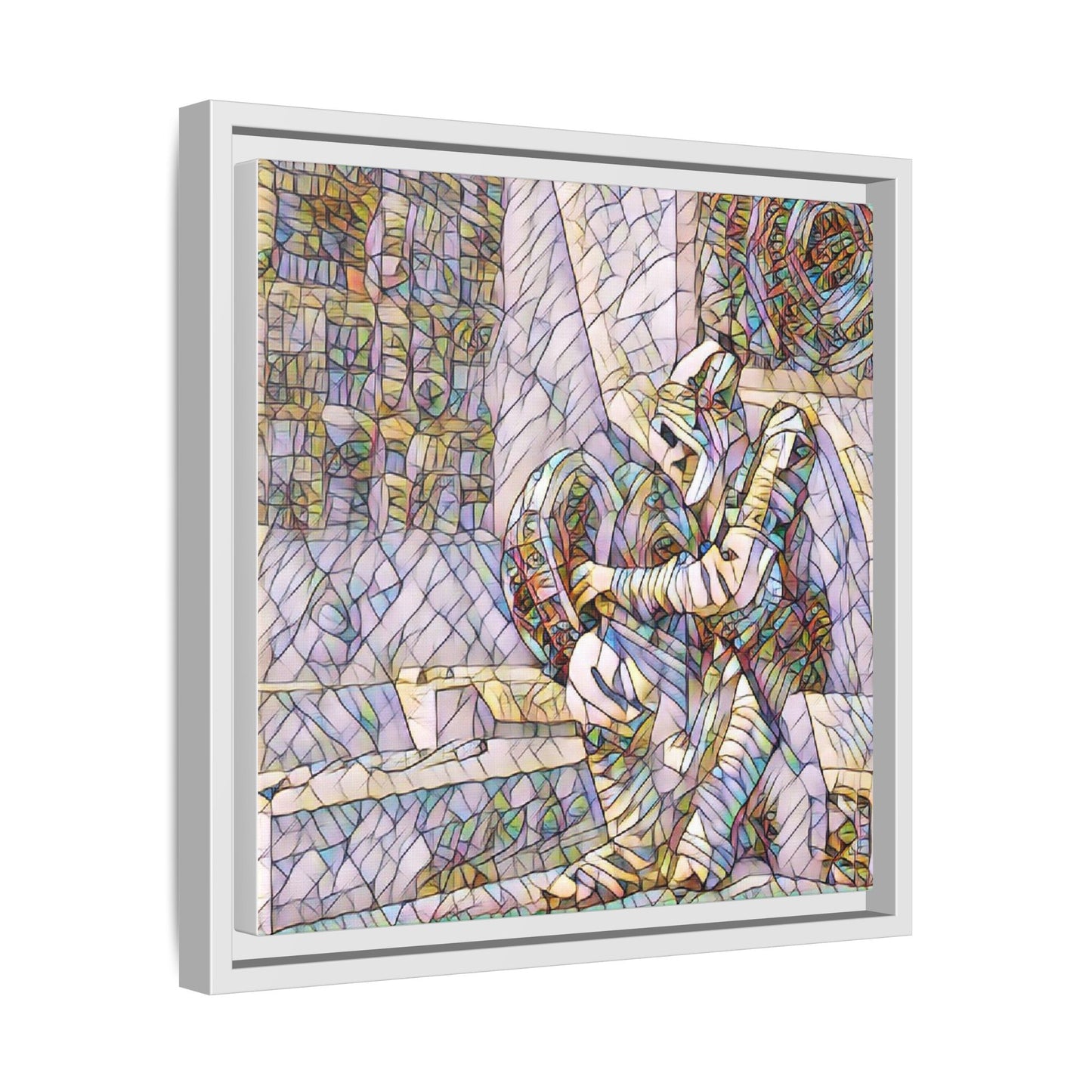 Framed Matte Canvas Art — Colorful Stained-Glass Astronaut Embrace