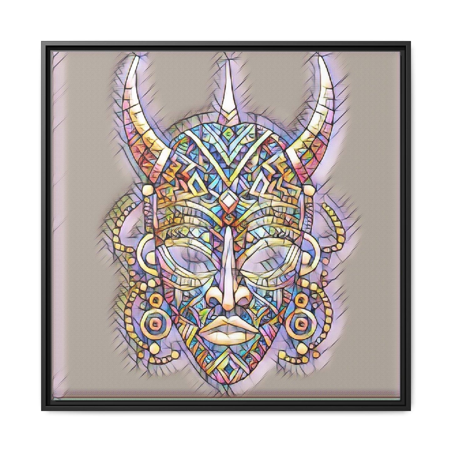 Colorful Tribal Mask Framed Canvas Art — Abstract Ethnic Wall Decor