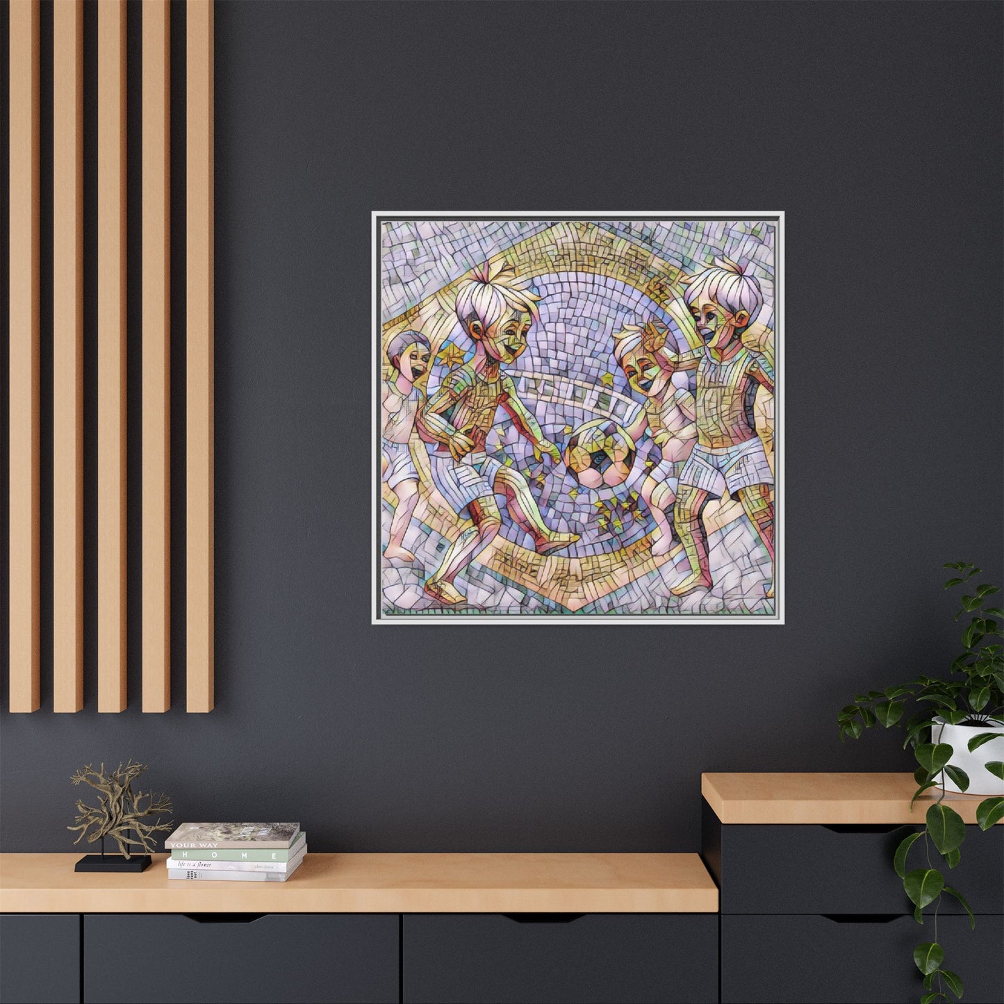 Framed Matte Canvas – Vintage Mosaic Kids Playing Soccer Art