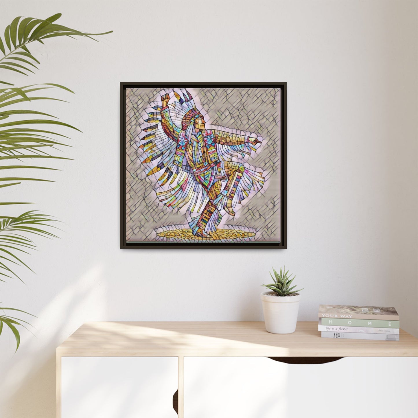 Colorful Native Dancer Framed Canvas Art — Stained Glass Style Wall Decor